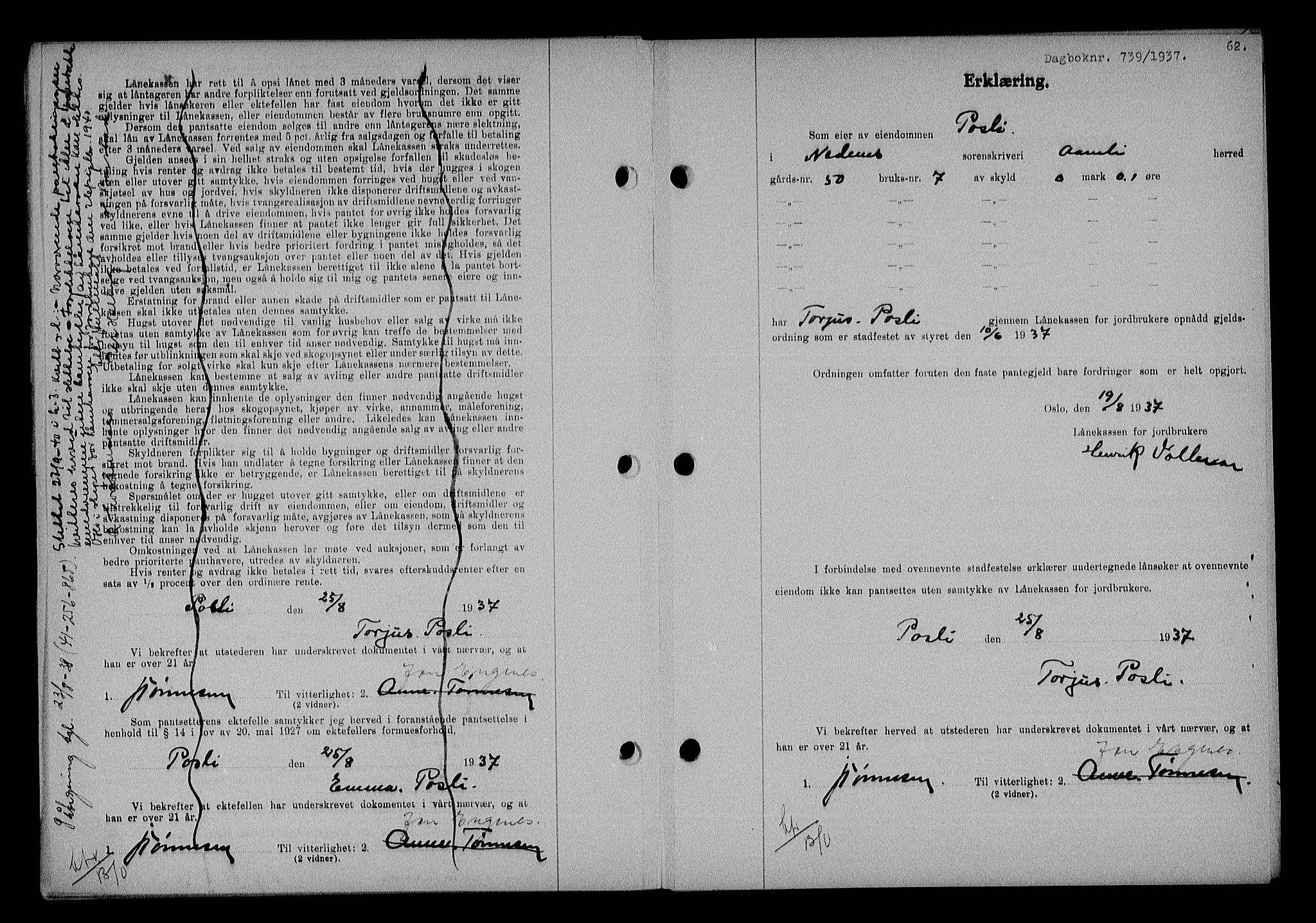 Nedenes sorenskriveri, SAK/1221-0006/G/Gb/Gba/L0044: Pantebok nr. 40, 1937-1938, Dagboknr: 739/1937