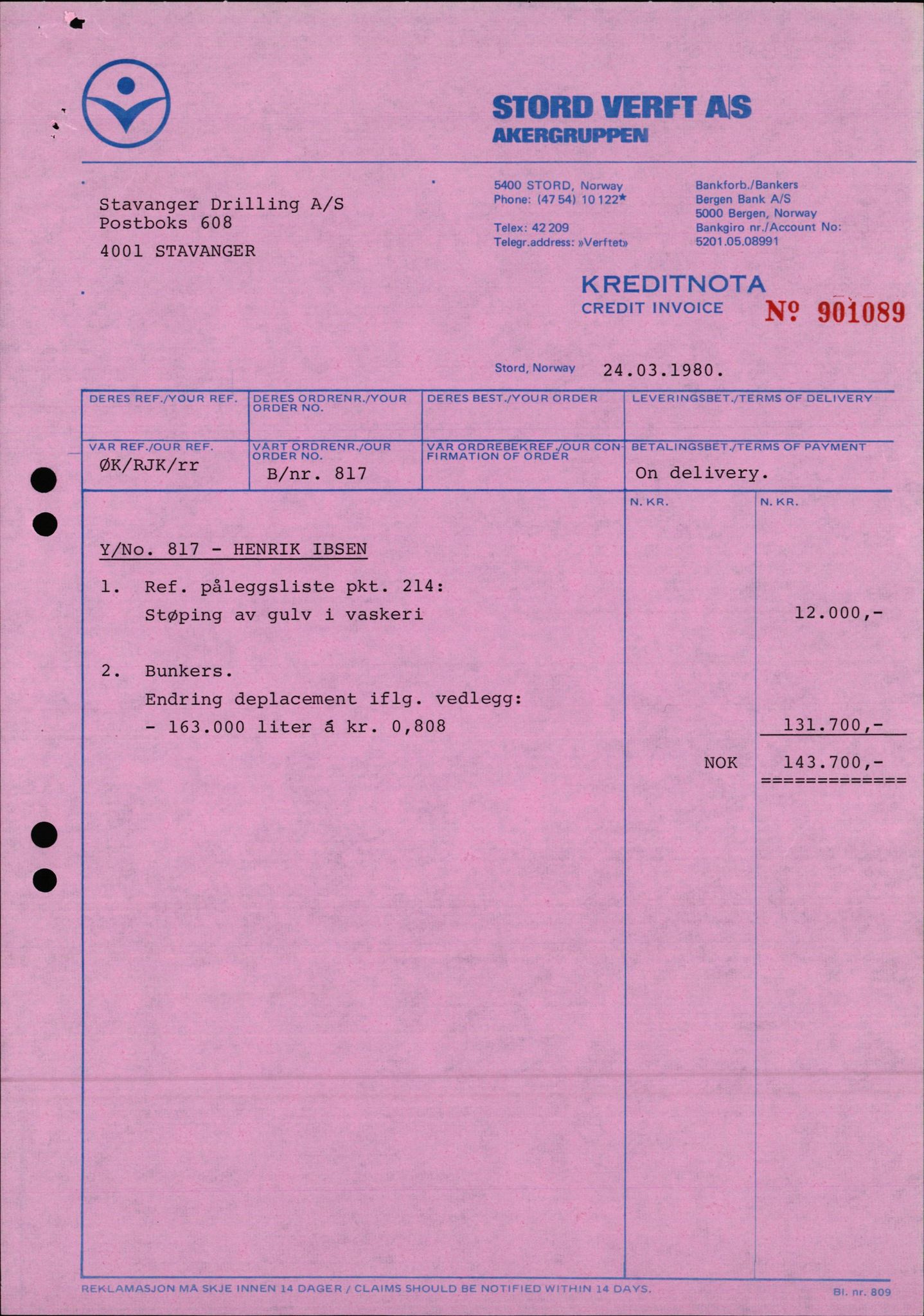 Pa 1503 - Stavanger Drilling AS, AV/SAST-A-101906/2/E/Ec/Eca/L0012: Voldgift Stord Verft, 1979-1982