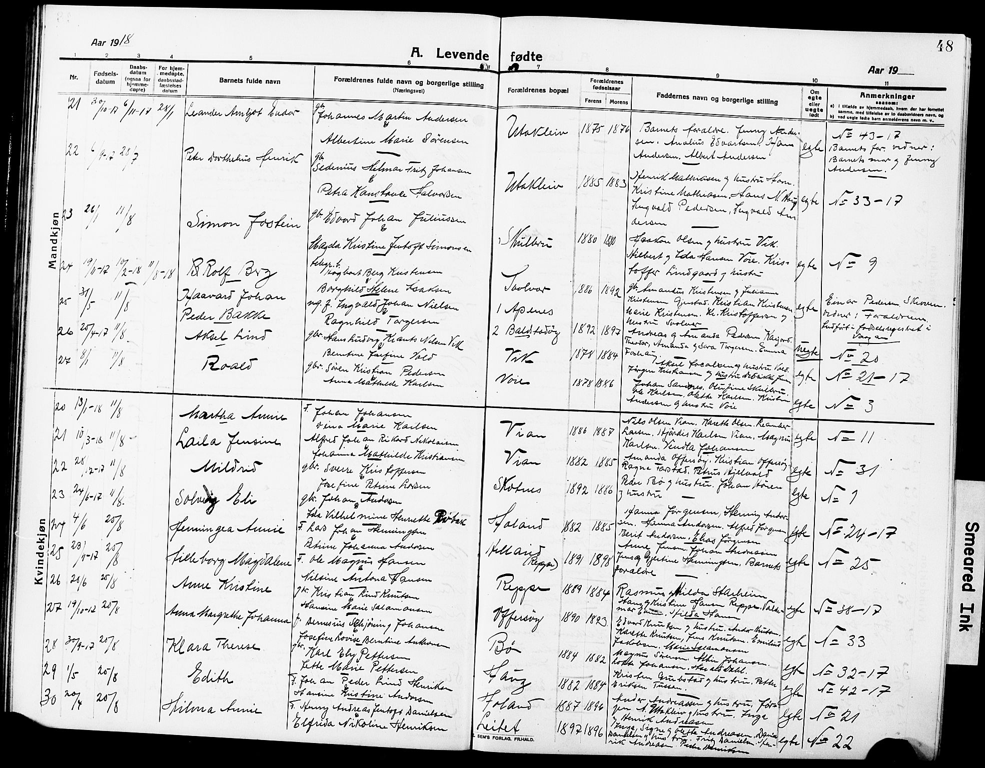 Ministerialprotokoller, klokkerbøker og fødselsregistre - Nordland, AV/SAT-A-1459/881/L1169: Klokkerbok nr. 881C06, 1912-1930, s. 48