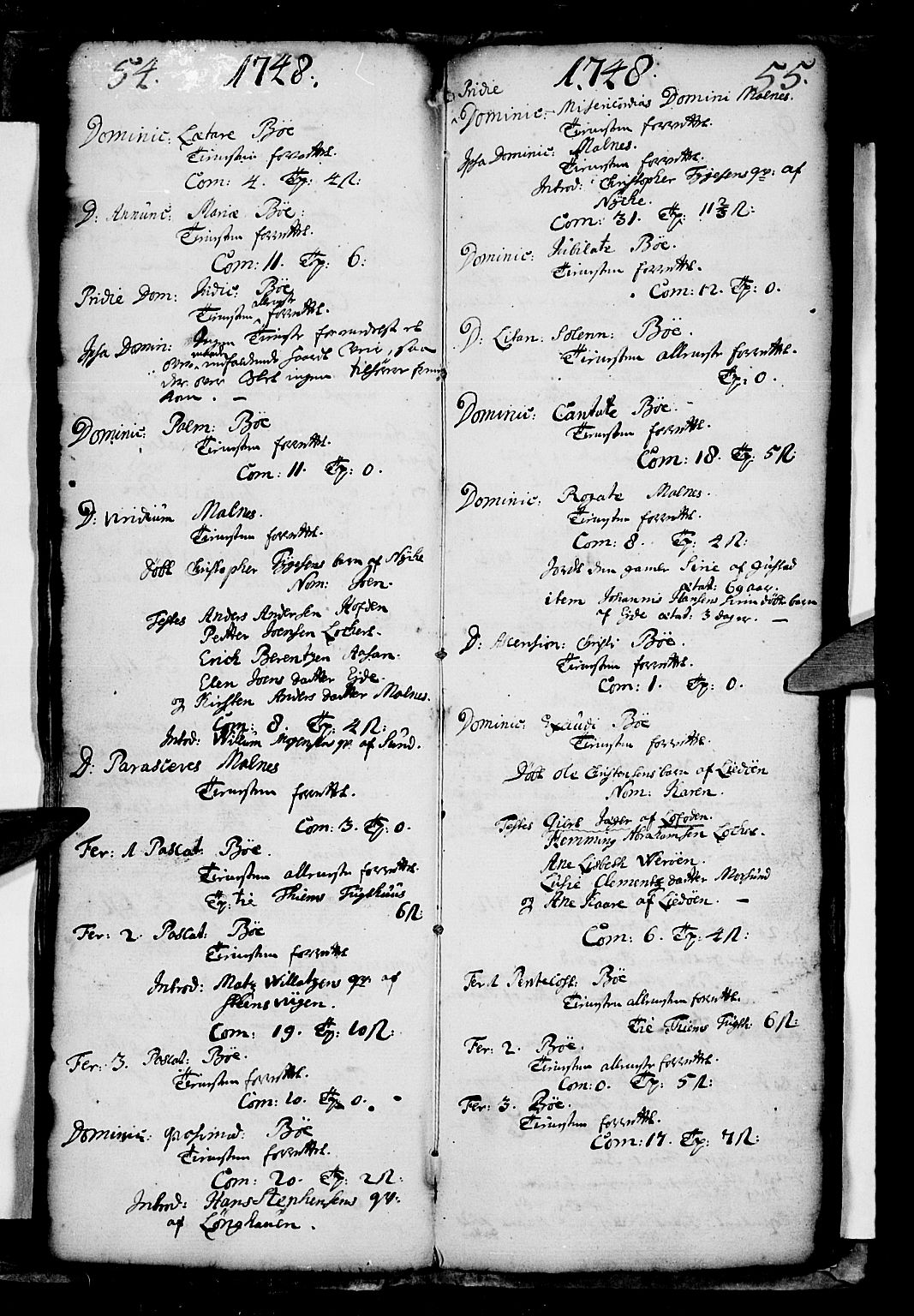 Ministerialprotokoller, klokkerbøker og fødselsregistre - Nordland, AV/SAT-A-1459/891/L1296: Ministerialbok nr. 891A01, 1741-1784, s. 54-55