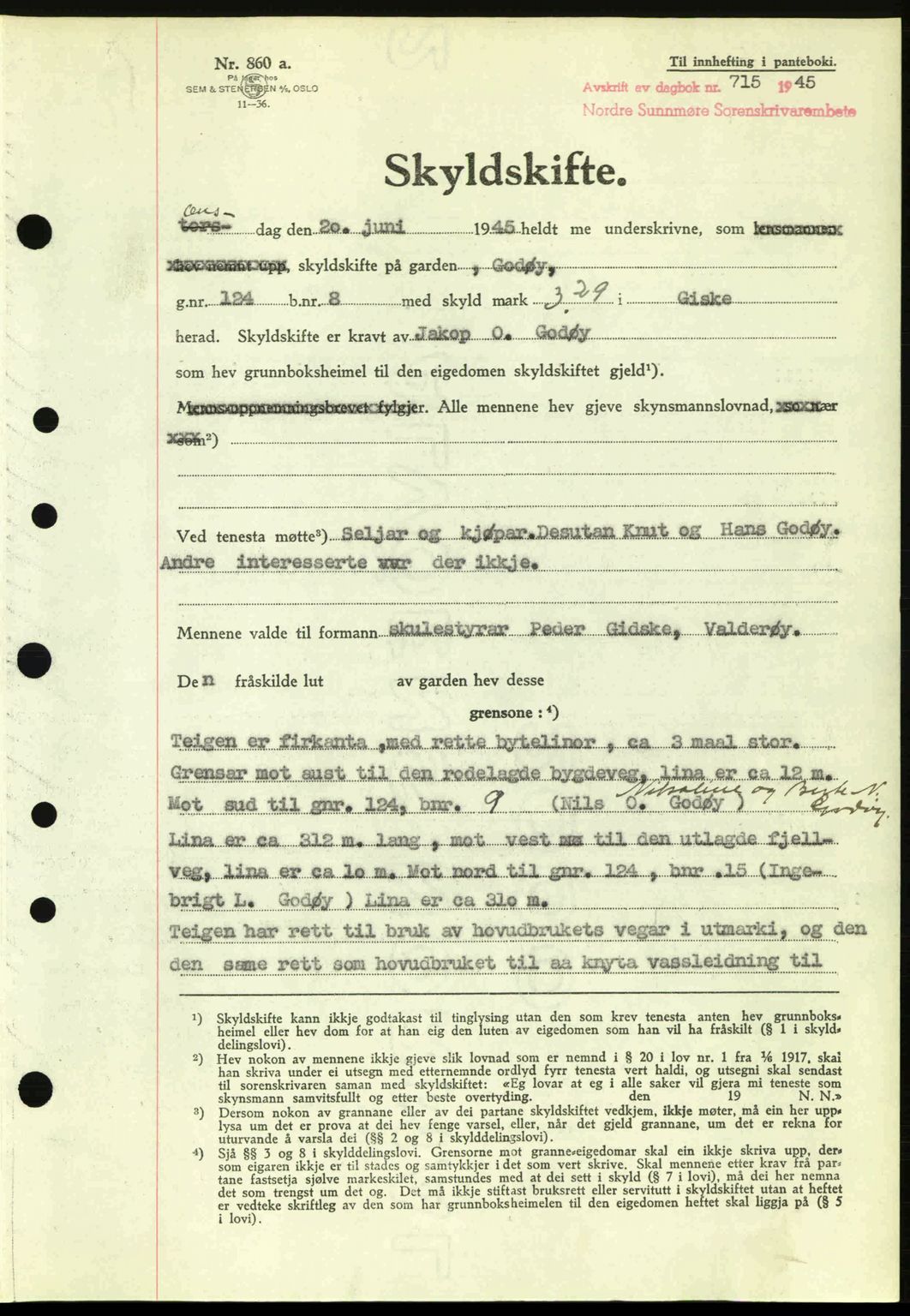 Nordre Sunnmøre sorenskriveri, SAT/A-0006/1/2/2C/2Ca: Pantebok nr. A20a, 1945-1945, Dagboknr: 715/1945