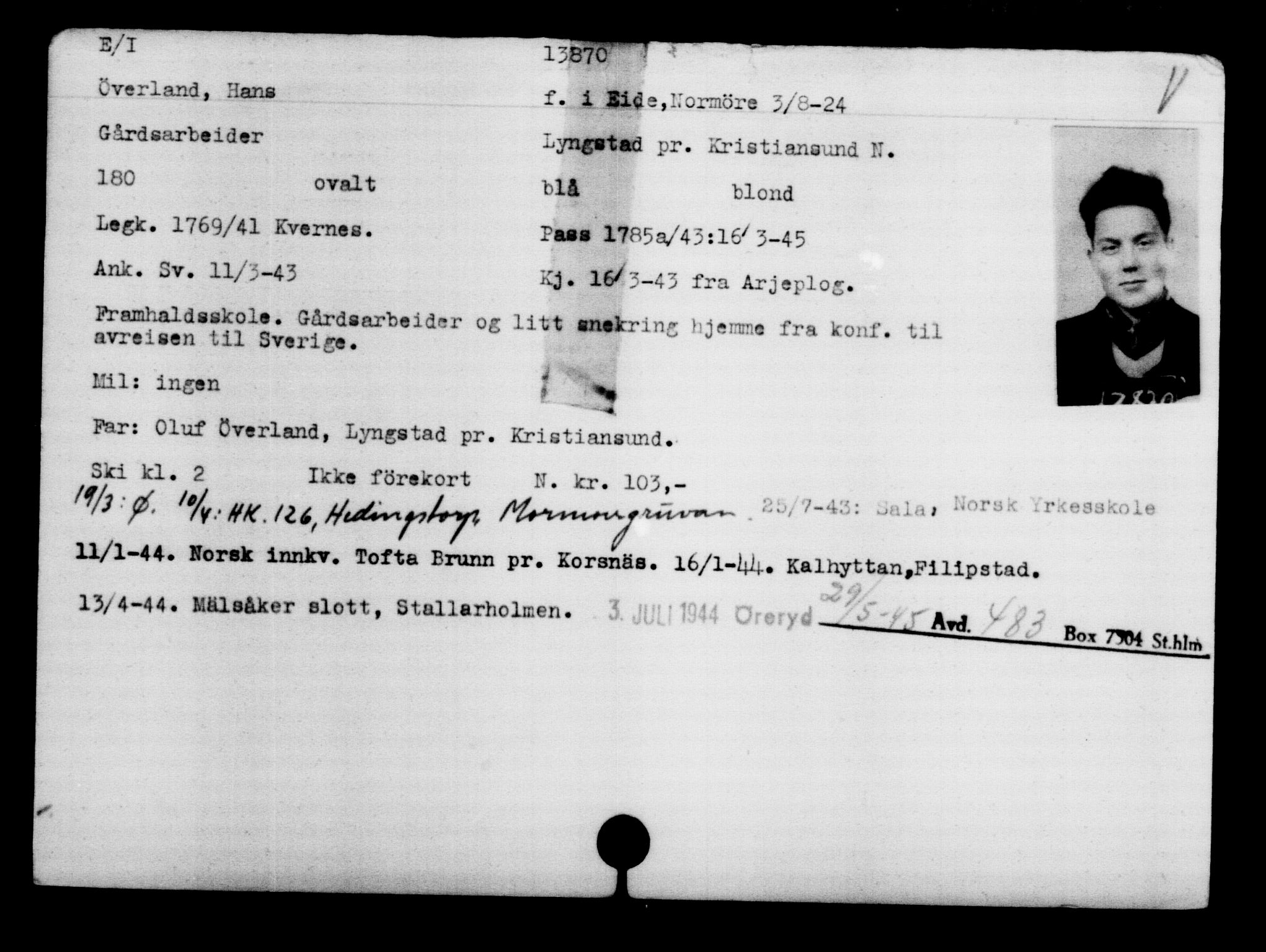Utenriksstasjonene, Legasjonen i Stockholm, Flyktningkontoret, AV/RA-S-6753/V/Va/L0007: Kjesäterkartoteket, flyktninger med registreringsnr. 12700-15723, 1940-1945, s. 1336