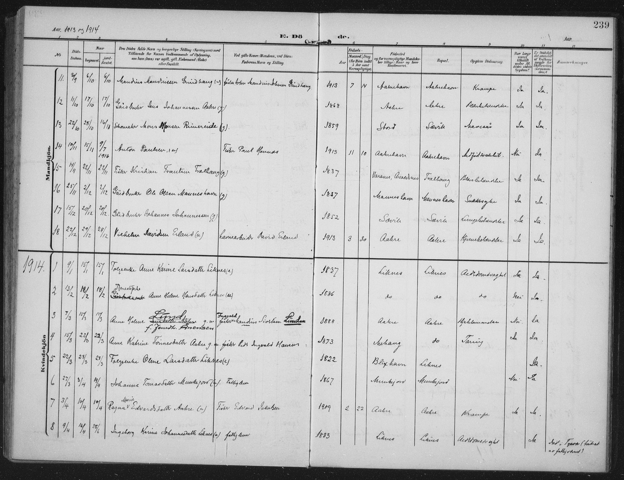 Kopervik sokneprestkontor, SAST/A-101850/H/Ha/Haa/L0005: Ministerialbok nr. A 5, 1906-1924, s. 239