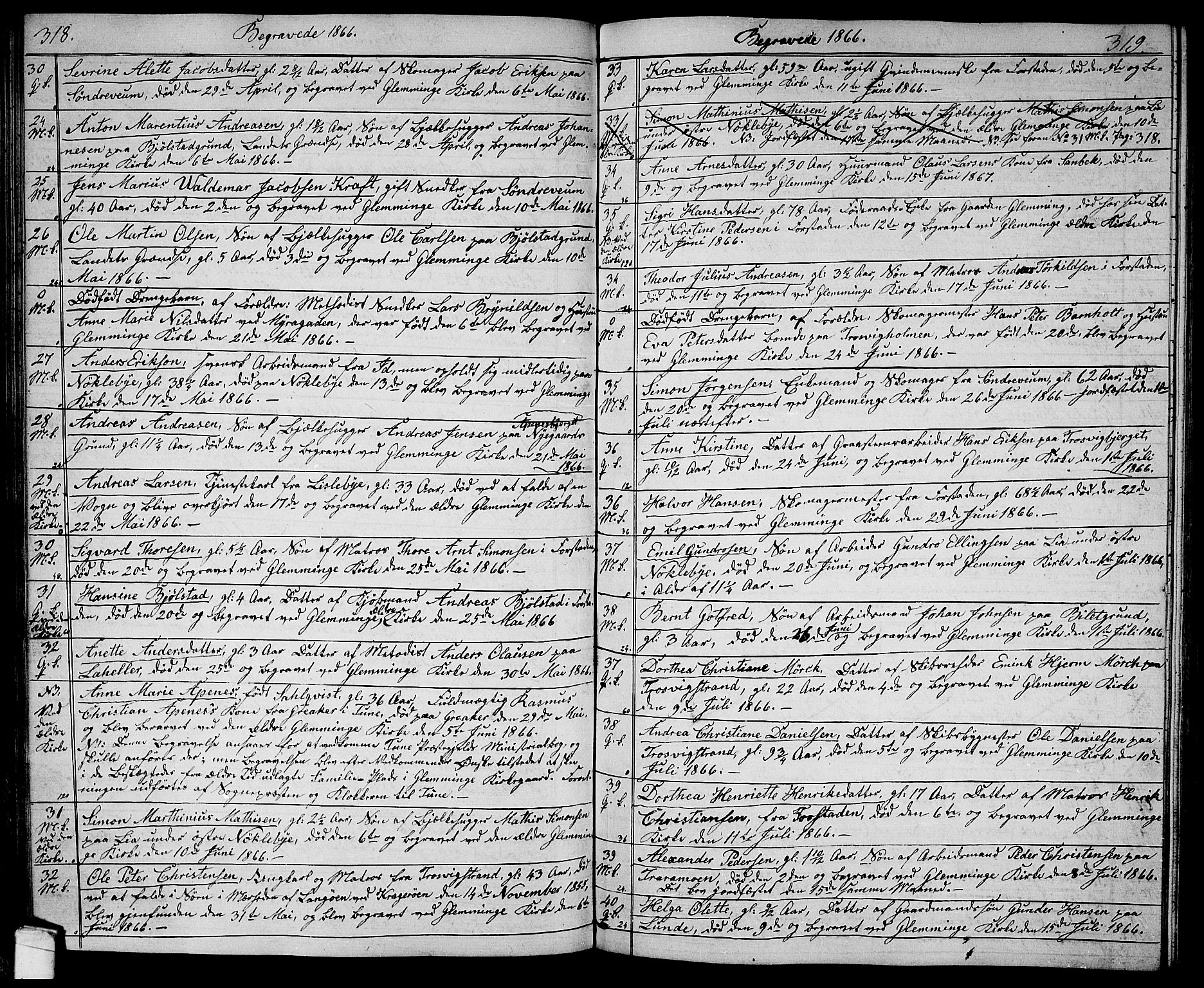 Glemmen prestekontor Kirkebøker, AV/SAO-A-10908/G/Ga/L0003: Klokkerbok nr. 3, 1852-1866, s. 318-319