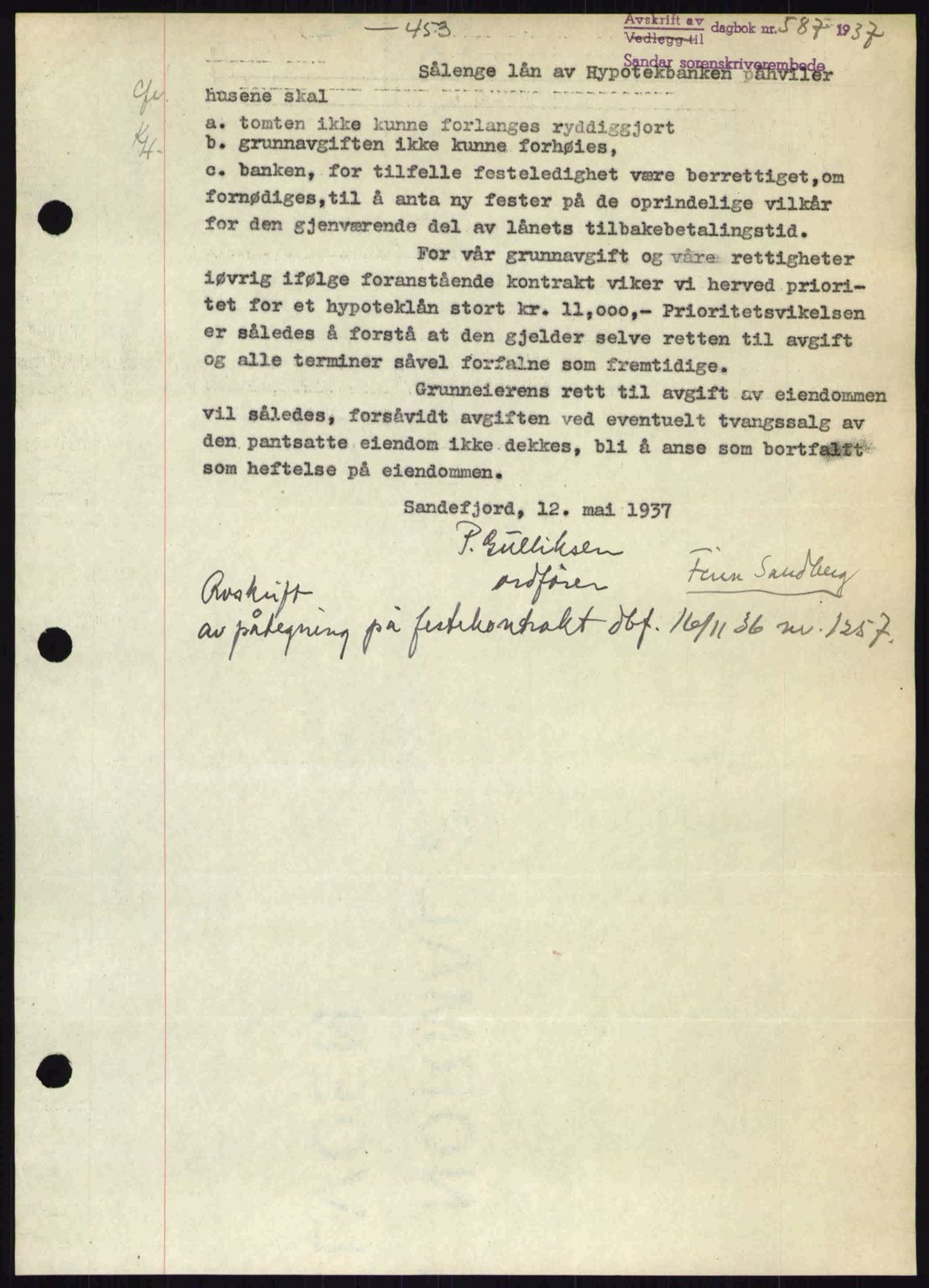 Sandar sorenskriveri, SAKO/A-86/G/Ga/Gab/L0001: Pantebok nr. B-1 og B-3 - B-9, 1936-1944, Dagboknr: 587/1937