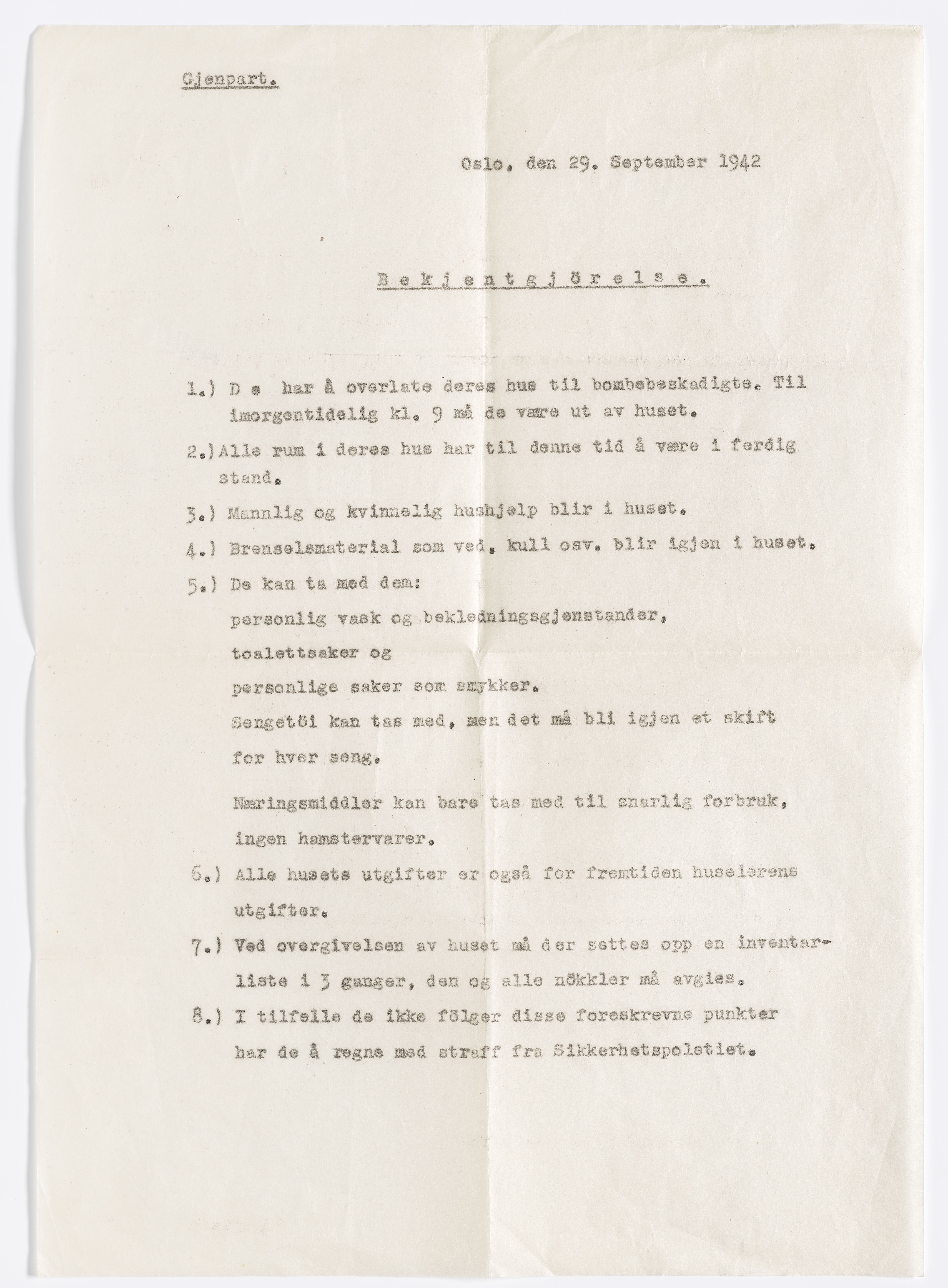 Johannes Sejersted Bødtker, AFM/GRI-1001/D/Db/Dbb/L0004/0001: Inngående brev / Brev, 1942