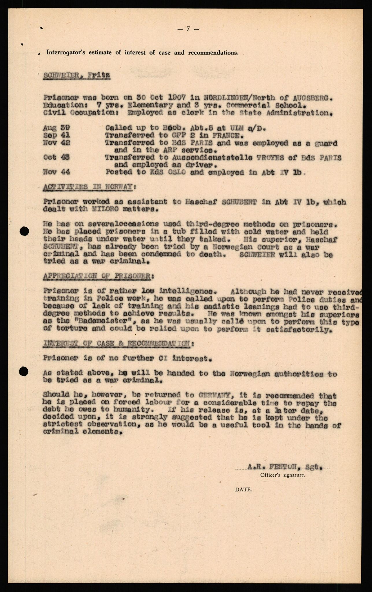 Forsvaret, Forsvarets overkommando II, RA/RAFA-3915/D/Db/L0031: CI Questionaires. Tyske okkupasjonsstyrker i Norge. Tyskere., 1945-1946, s. 158