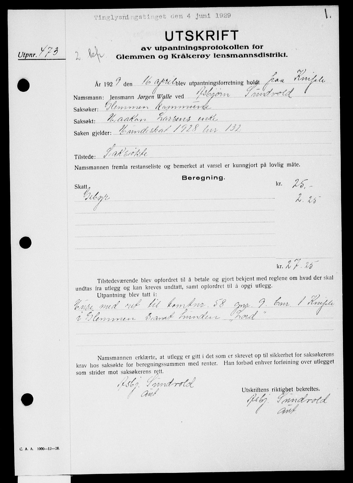 Onsøy sorenskriveri, SAO/A-10474/G/Ga/Gaa/L0062: Pantebok nr. I 62, 1929-1929, s. 1