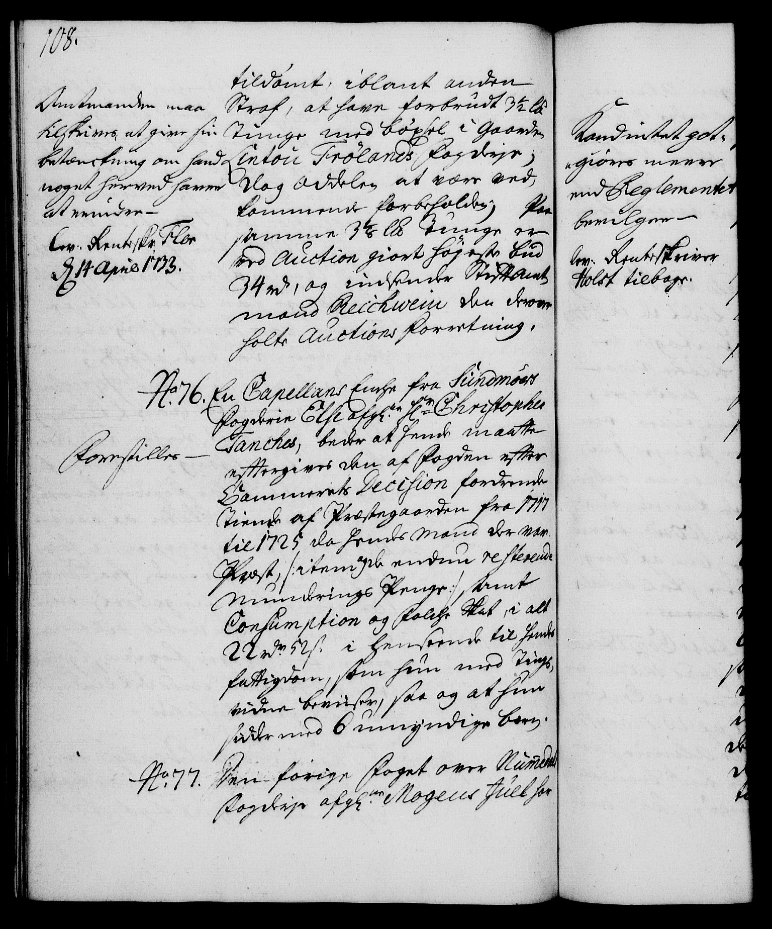 Rentekammeret, Kammerkanselliet, RA/EA-3111/G/Gh/Gha/L0015: Norsk ekstraktmemorialprotokoll (merket RK 53.60), 1733, s. 108