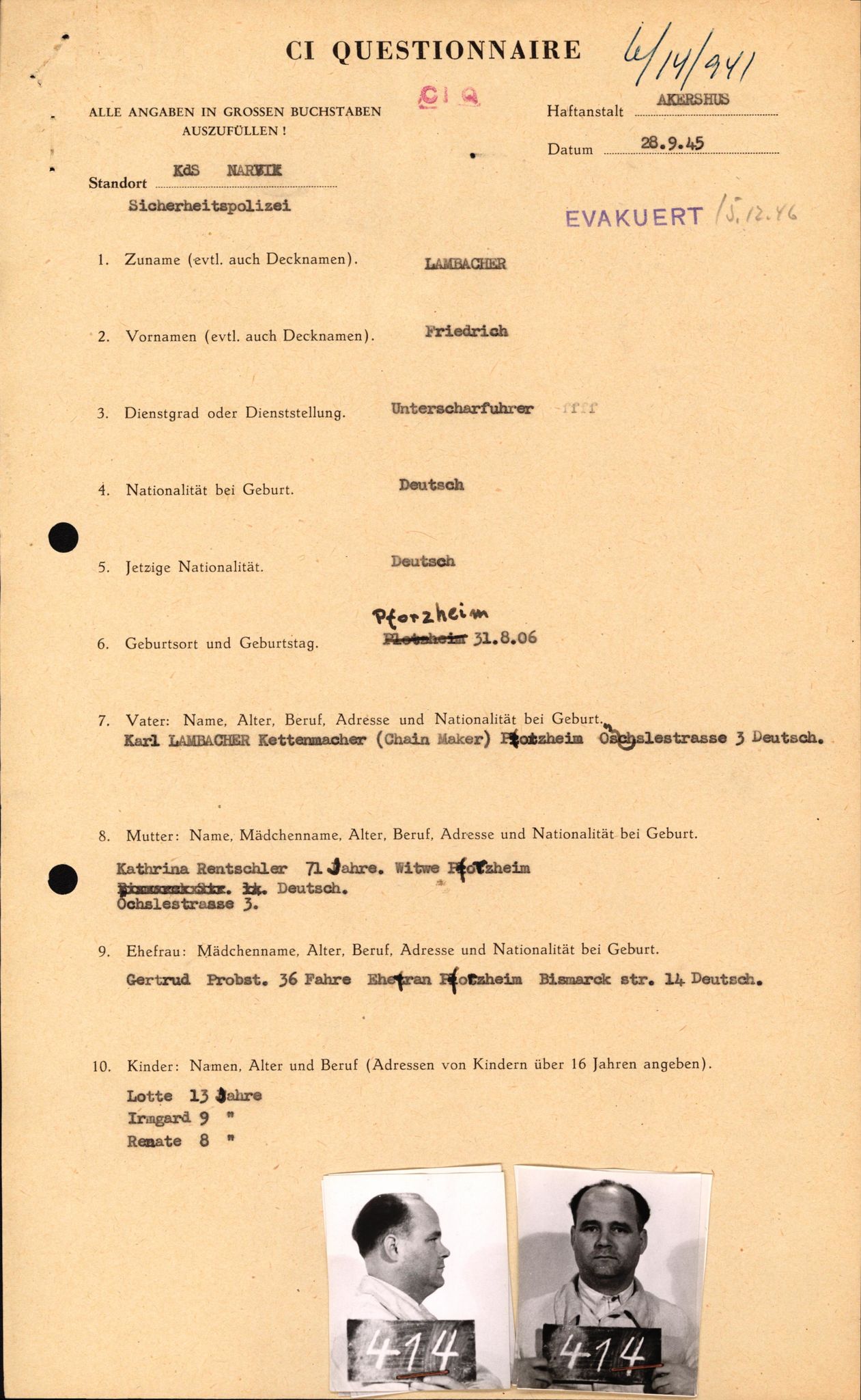 Forsvaret, Forsvarets overkommando II, AV/RA-RAFA-3915/D/Db/L0019: CI Questionaires. Tyske okkupasjonsstyrker i Norge. Tyskere., 1945-1946, s. 340