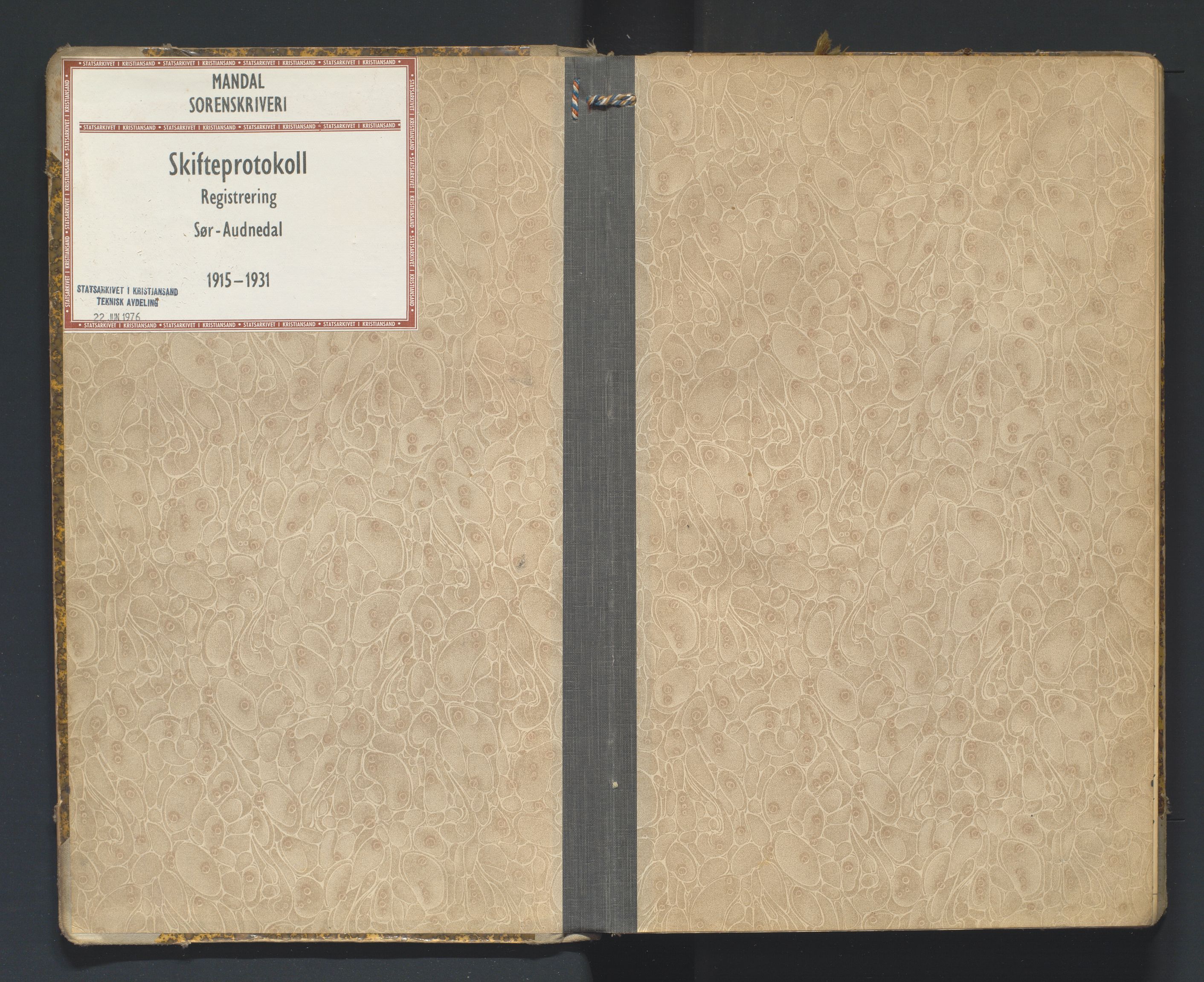 Mandal sorenskriveri, AV/SAK-1221-0005/001/H/Hc/L0065: Skifteregistreringsprotokoll nr 21 Sør-Audnedal, 1915-1931