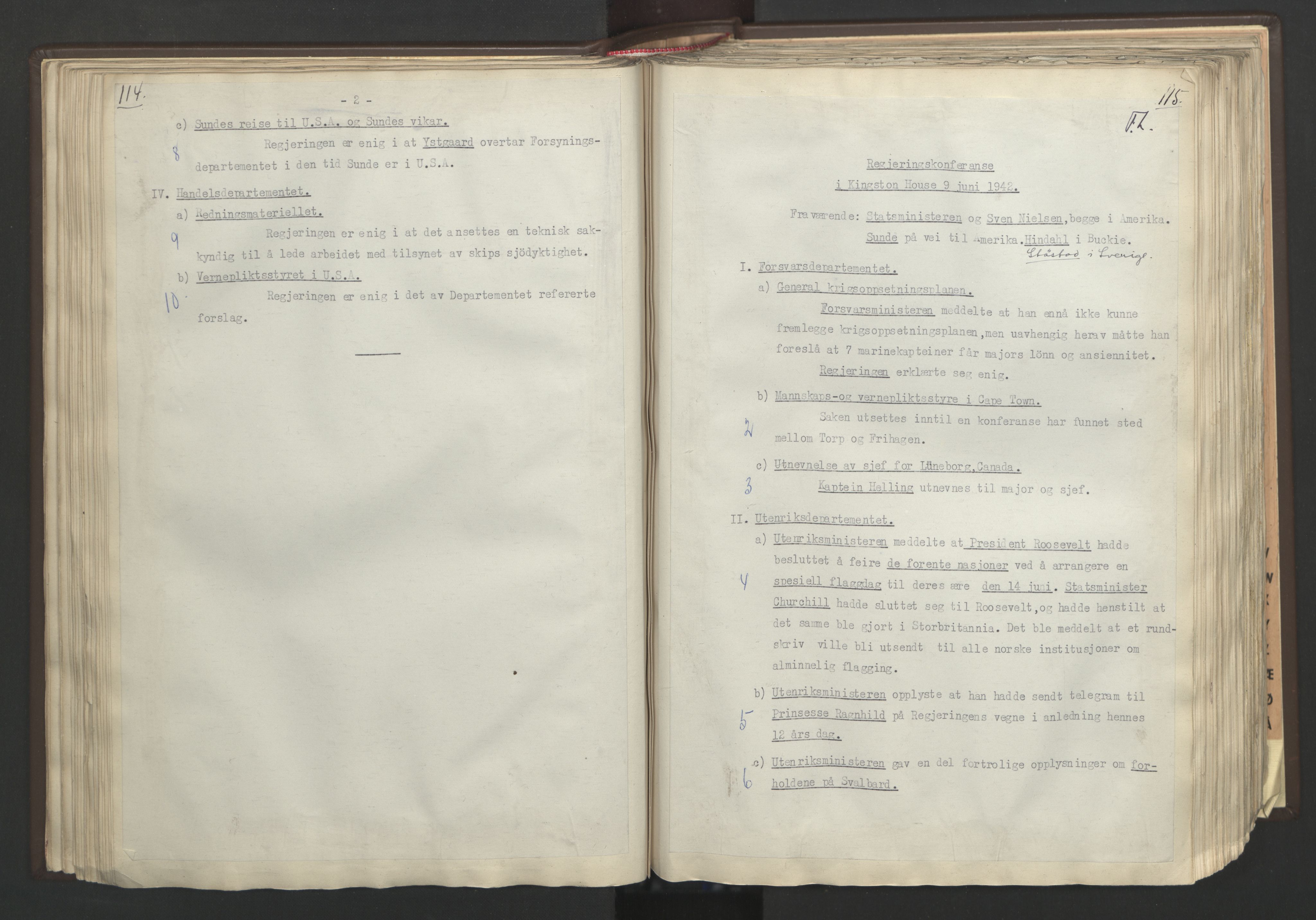 Statsministerens kontor, RA/S-1005/A/Aa/L0002: Referat fra regjeringskonferanser, 1942-1943, s. 114-115