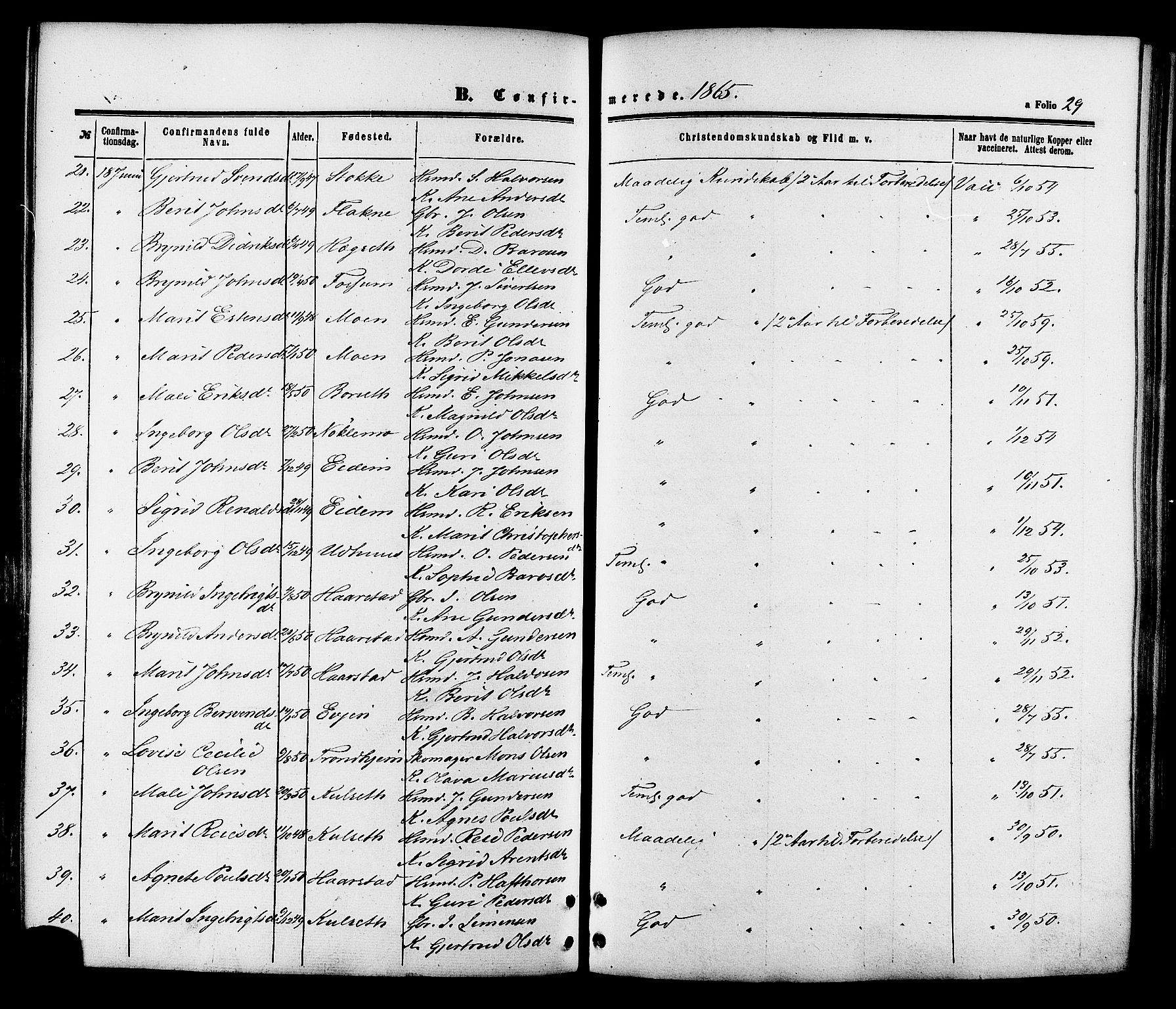 Ministerialprotokoller, klokkerbøker og fødselsregistre - Sør-Trøndelag, SAT/A-1456/695/L1147: Ministerialbok nr. 695A07, 1860-1877, s. 29