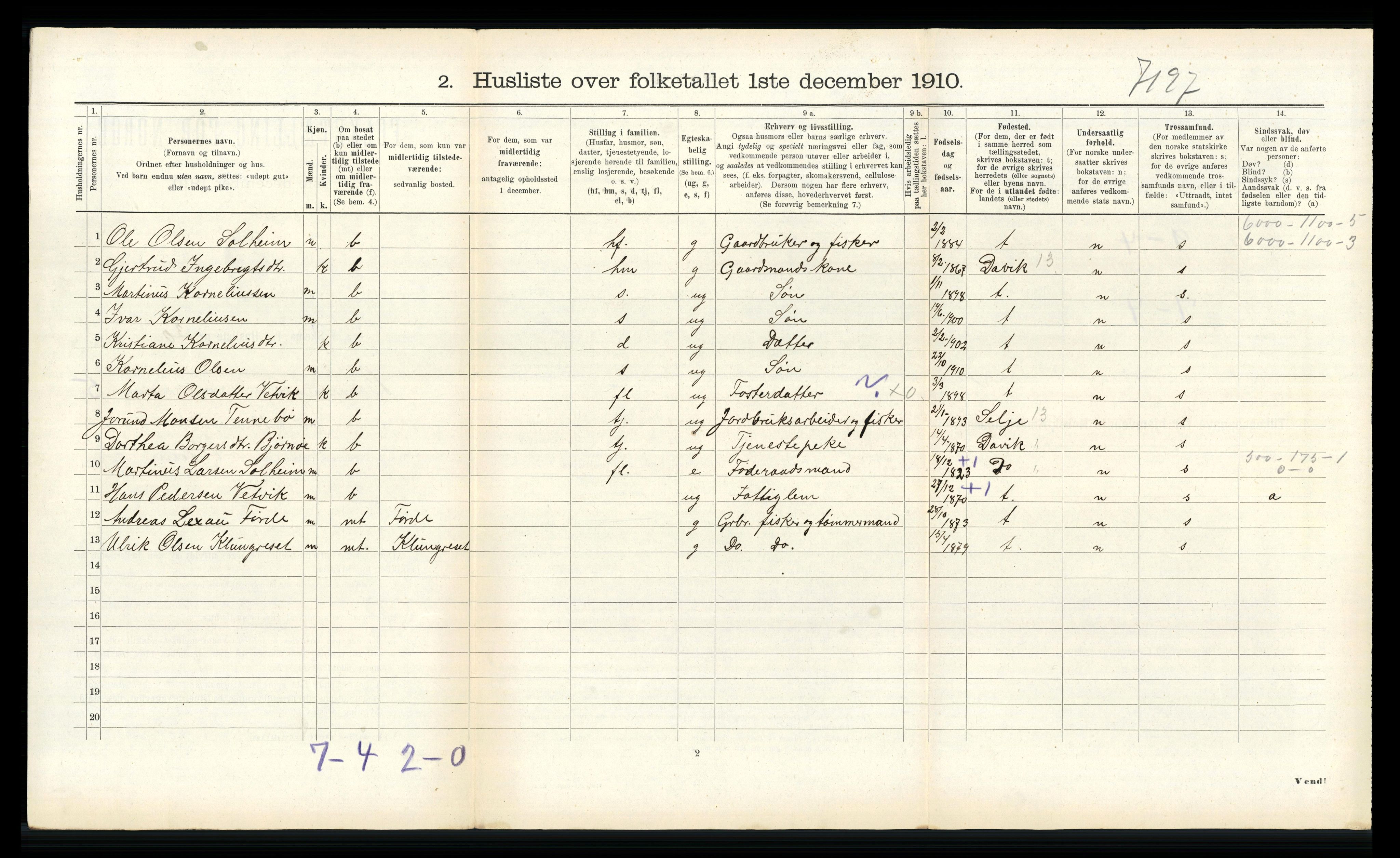 RA, Folketelling 1910 for 1438 Bremanger herred, 1910, s. 448