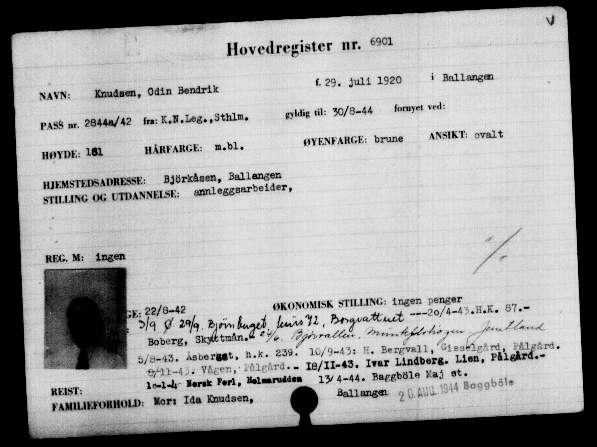 Utenriksstasjonene, Legasjonen i Stockholm, Flyktningkontoret, AV/RA-S-6753/V/Va/L0005: Kjesäterkartoteket, flyktning nr. 6600-9417, 1940-1945, s. 365