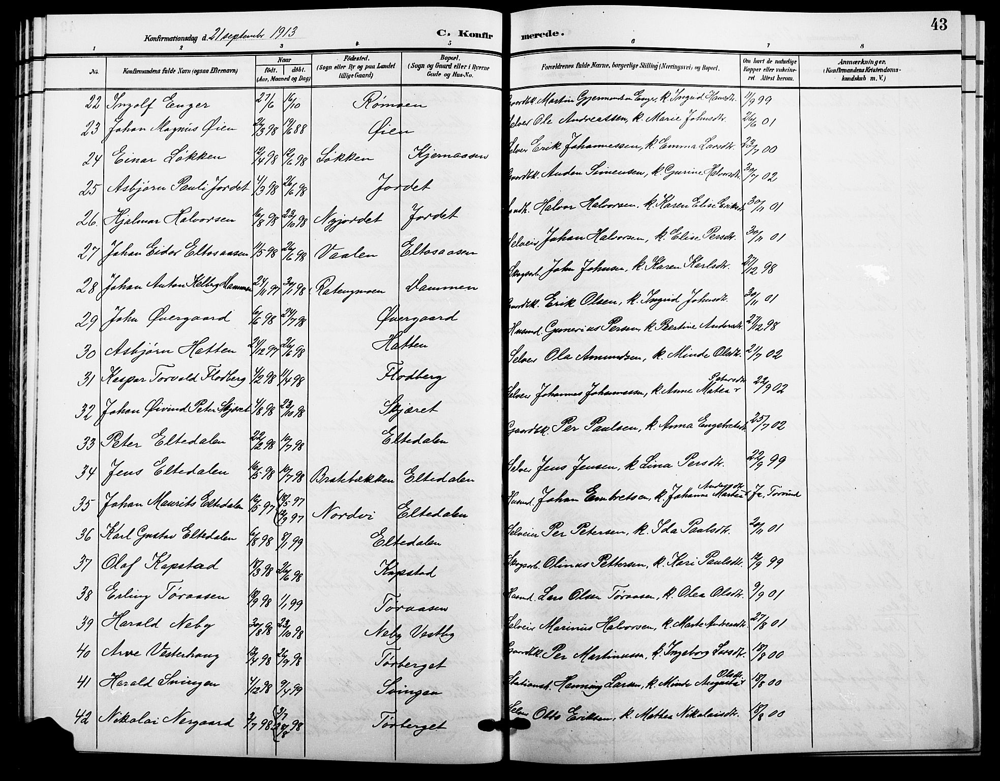 Trysil prestekontor, AV/SAH-PREST-046/H/Ha/Hab/L0009: Klokkerbok nr. 9, 1904-1924, s. 43