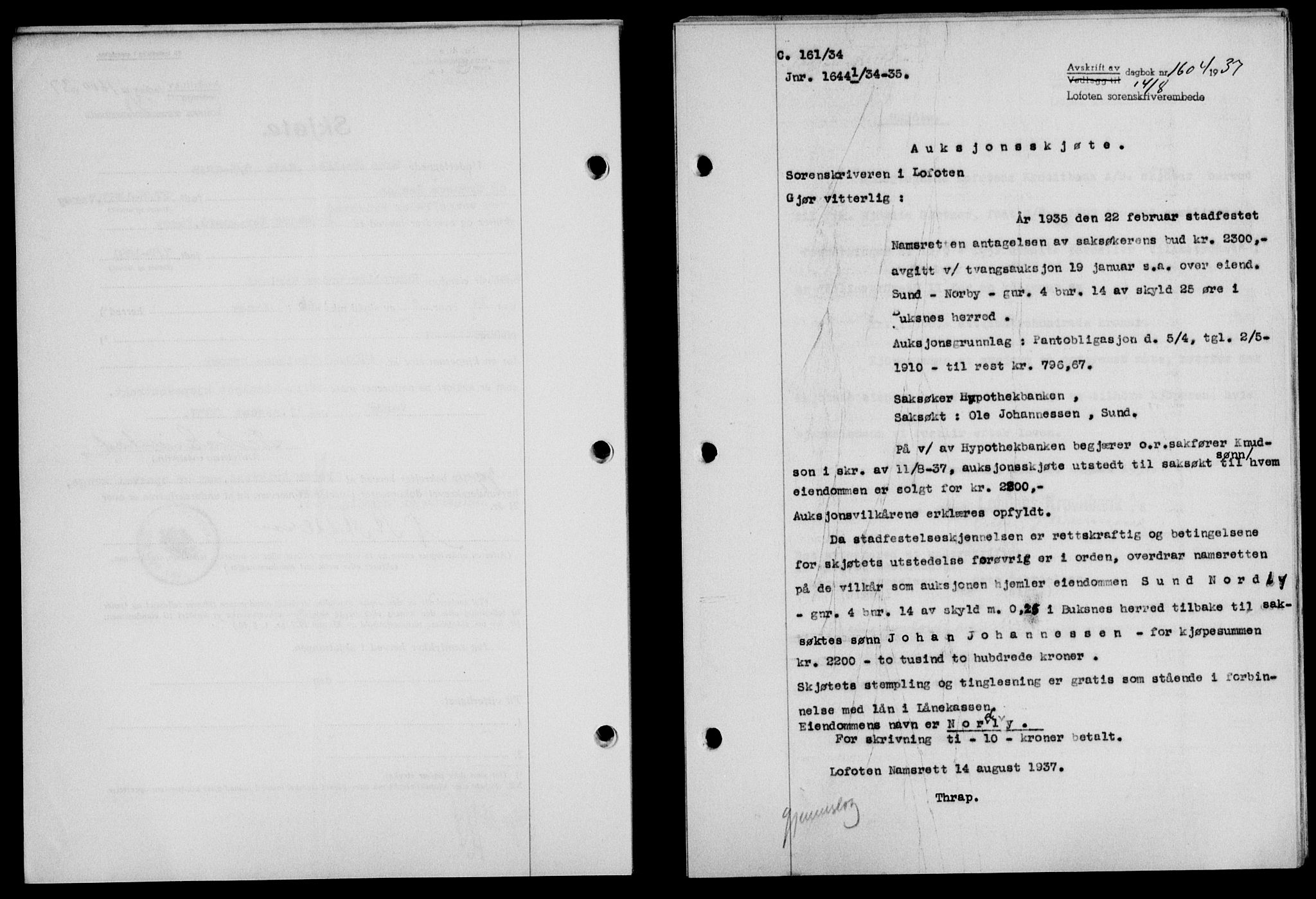 Lofoten sorenskriveri, SAT/A-0017/1/2/2C/L0002a: Pantebok nr. 2a, 1937-1937, Dagboknr: 1604/1937
