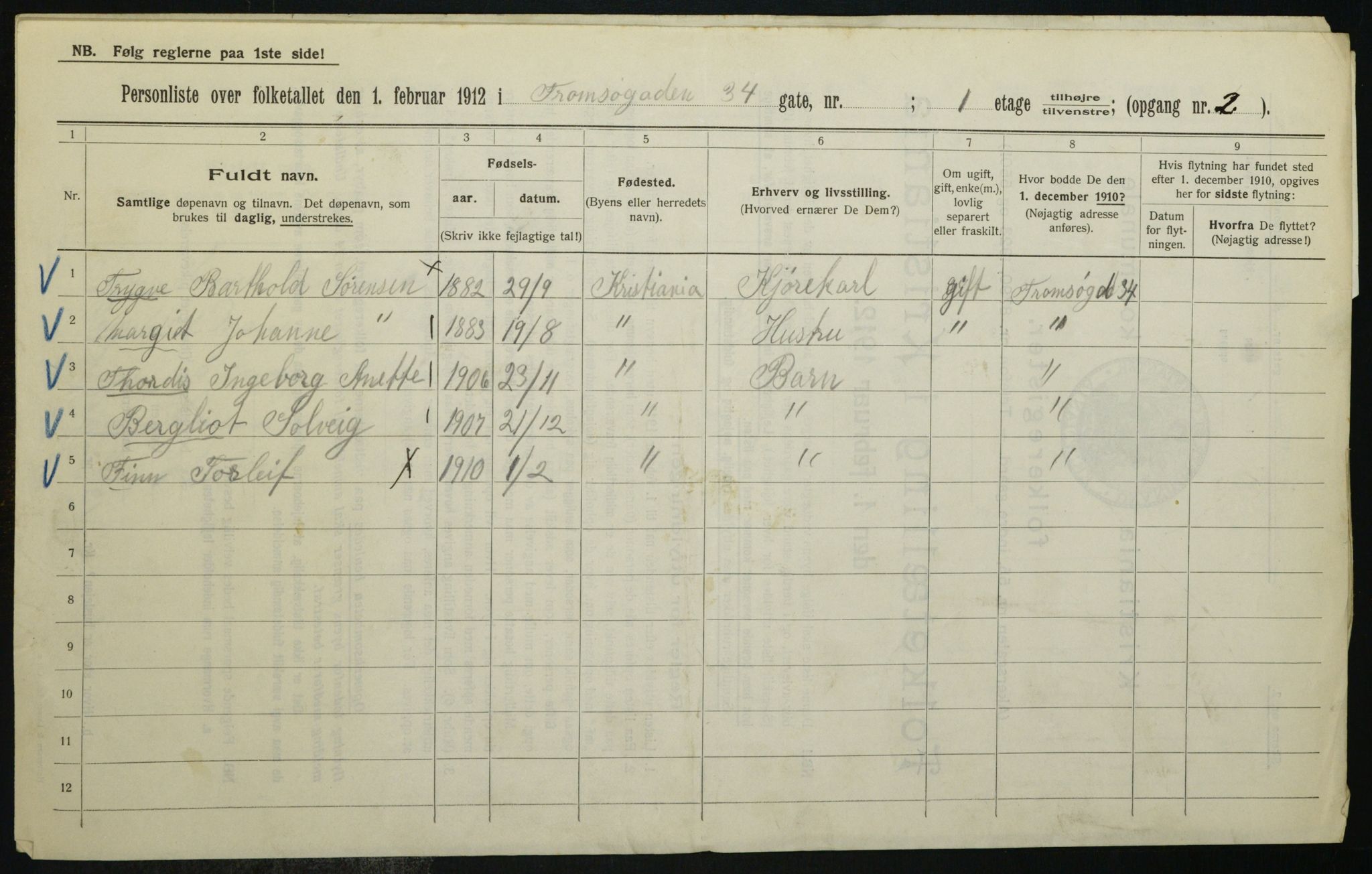 OBA, Kommunal folketelling 1.2.1912 for Kristiania, 1912, s. 116004