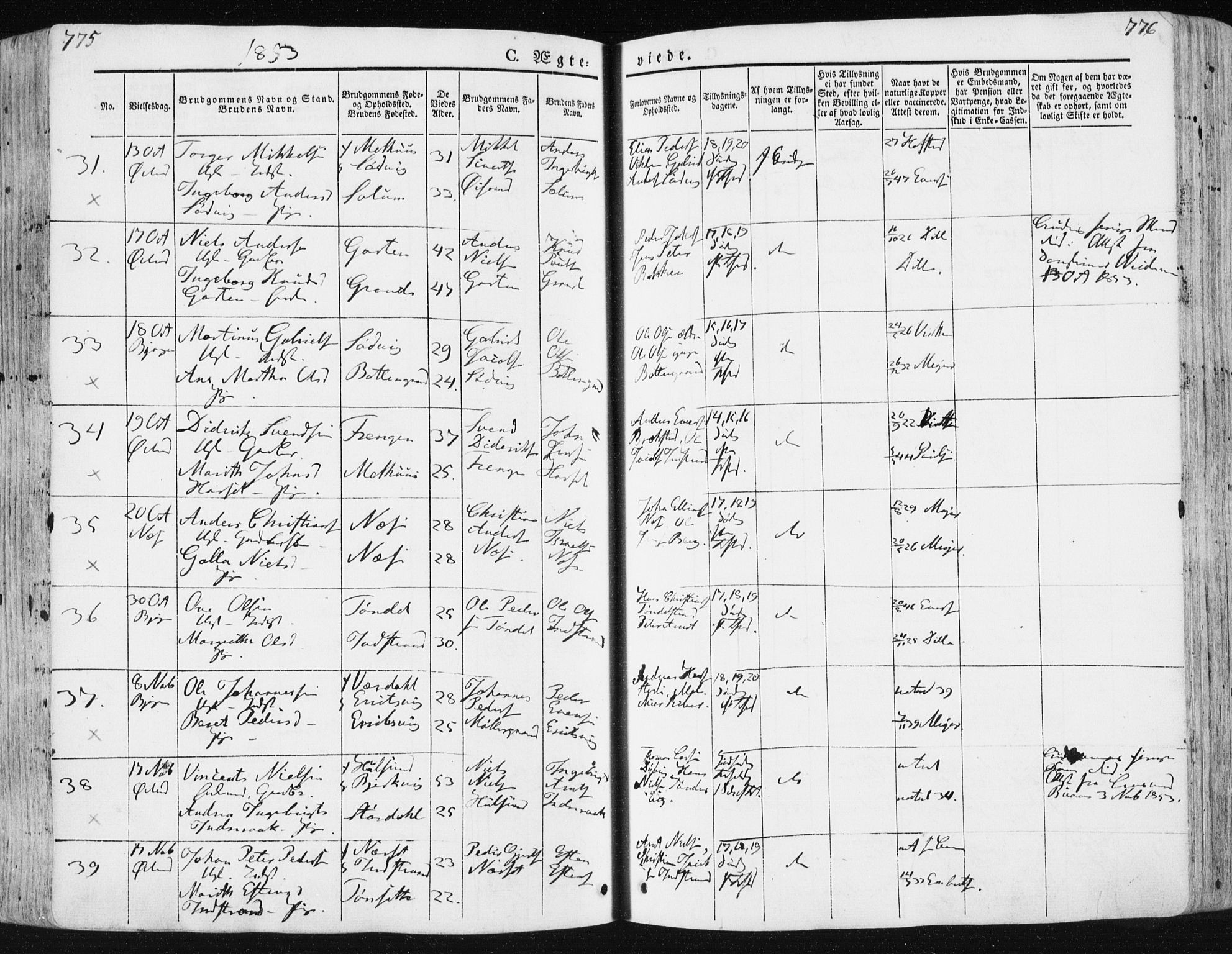 Ministerialprotokoller, klokkerbøker og fødselsregistre - Sør-Trøndelag, SAT/A-1456/659/L0736: Ministerialbok nr. 659A06, 1842-1856, s. 775-776