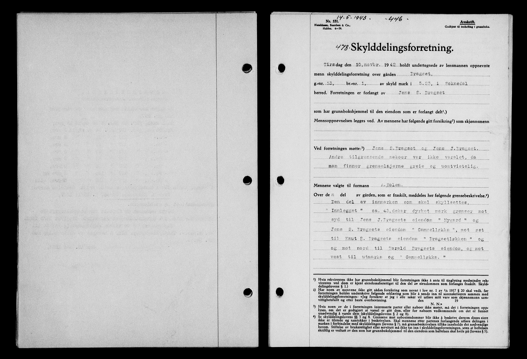 Gauldal sorenskriveri, SAT/A-0014/1/2/2C/L0056: Pantebok nr. 61, 1942-1943, Dagboknr: 478/1943