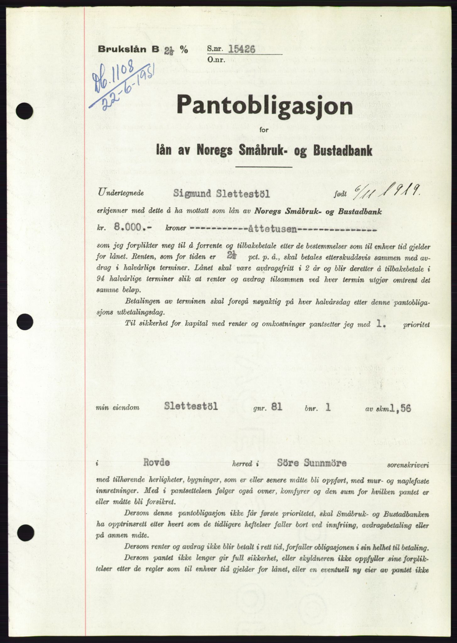 Søre Sunnmøre sorenskriveri, AV/SAT-A-4122/1/2/2C/L0120: Pantebok nr. 8B, 1951-1951, Dagboknr: 1108/1951