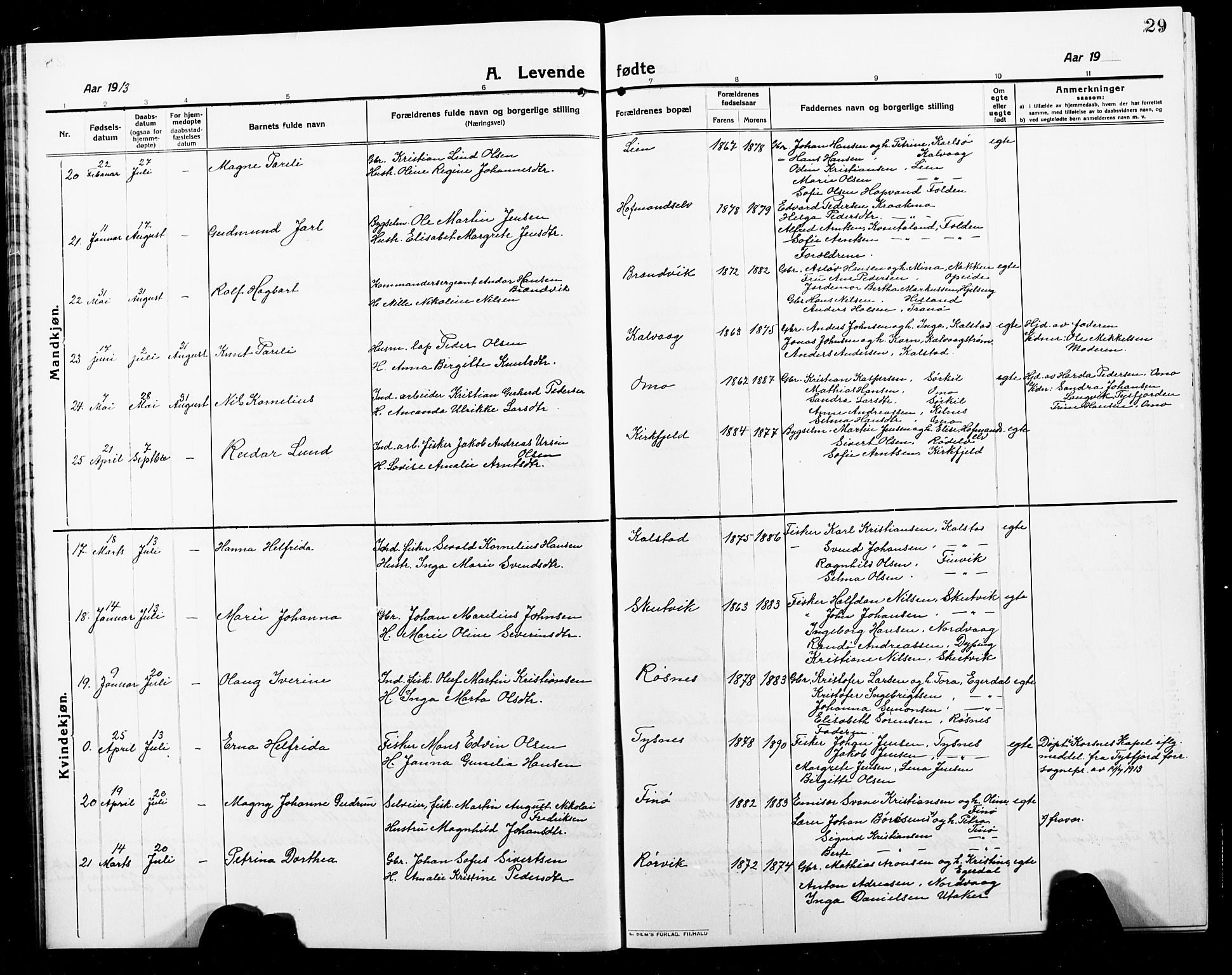 Ministerialprotokoller, klokkerbøker og fødselsregistre - Nordland, AV/SAT-A-1459/859/L0861: Klokkerbok nr. 859C07, 1910-1925, s. 29