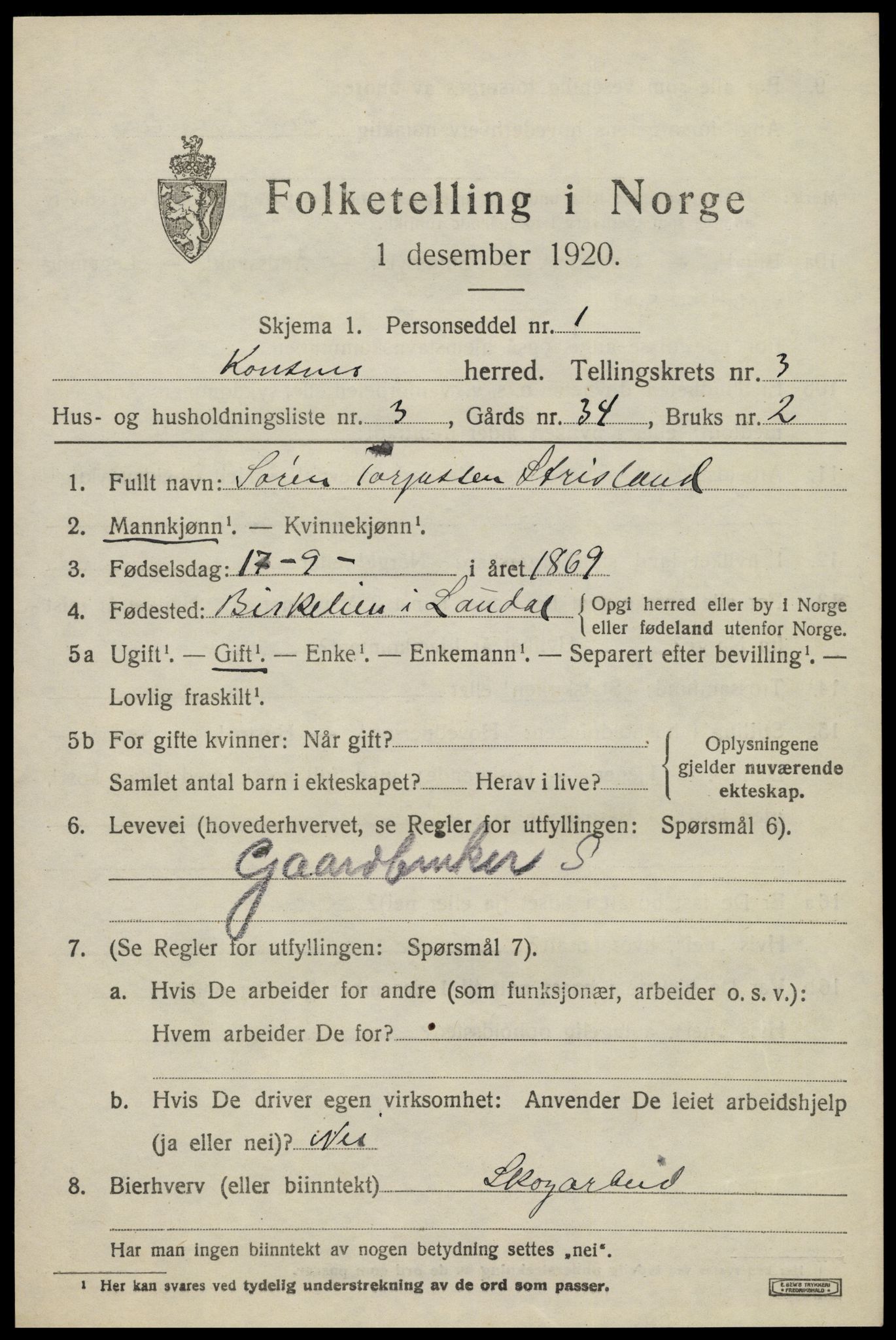 SAK, Folketelling 1920 for 1027 Konsmo herred, 1920, s. 1144