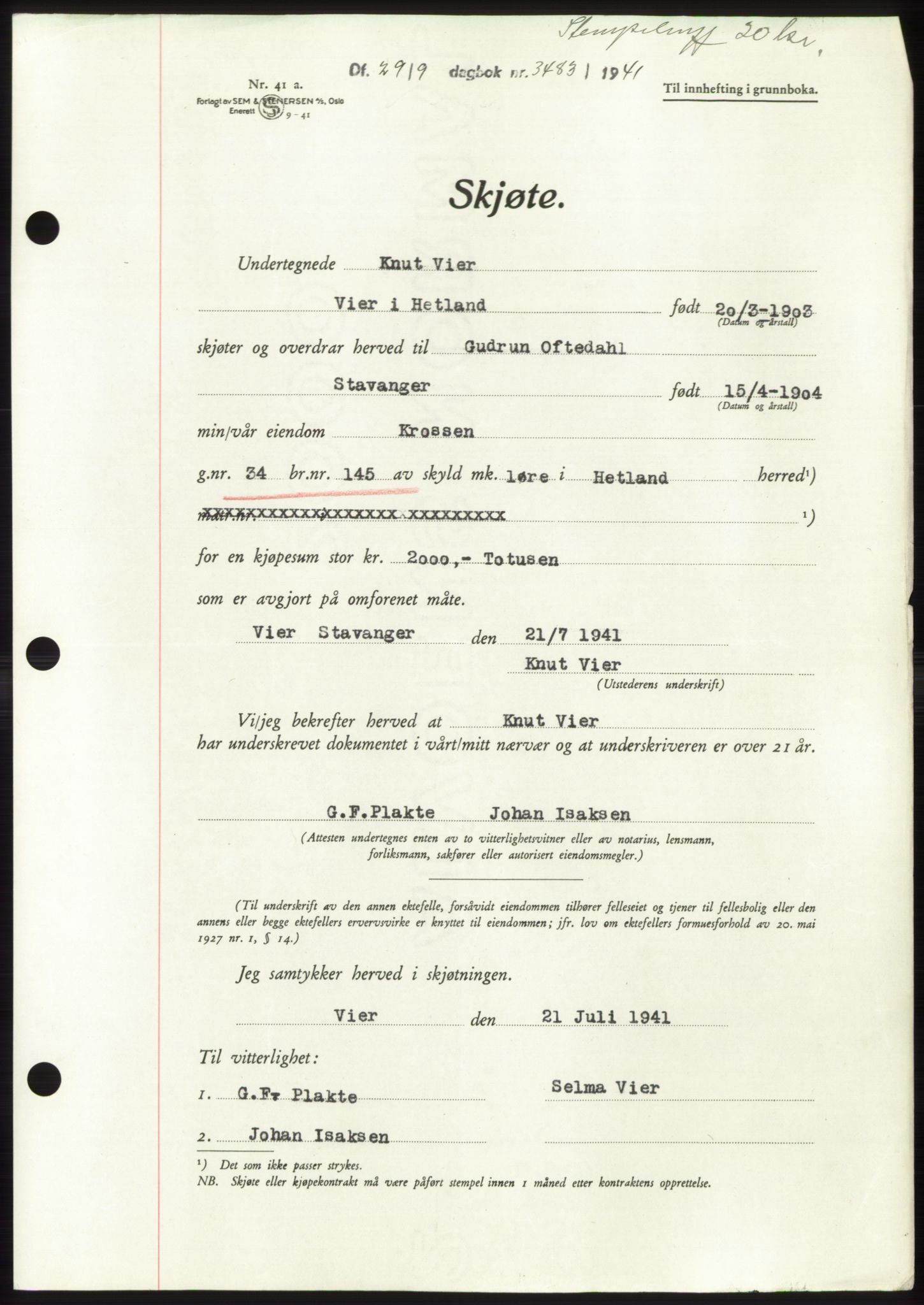 Jæren sorenskriveri, SAST/A-100310/03/G/Gba/L0081: Pantebok, 1941-1941, Dagboknr: 3483/1941