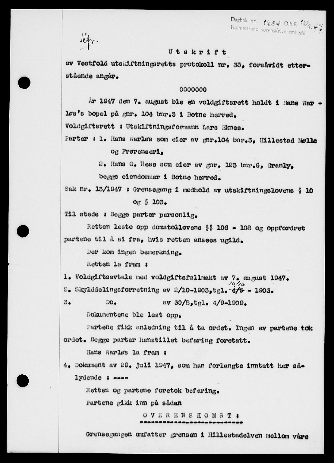 Holmestrand sorenskriveri, SAKO/A-67/G/Ga/Gaa/L0062: Pantebok nr. A-62, 1947-1947, Dagboknr: 1684/1947