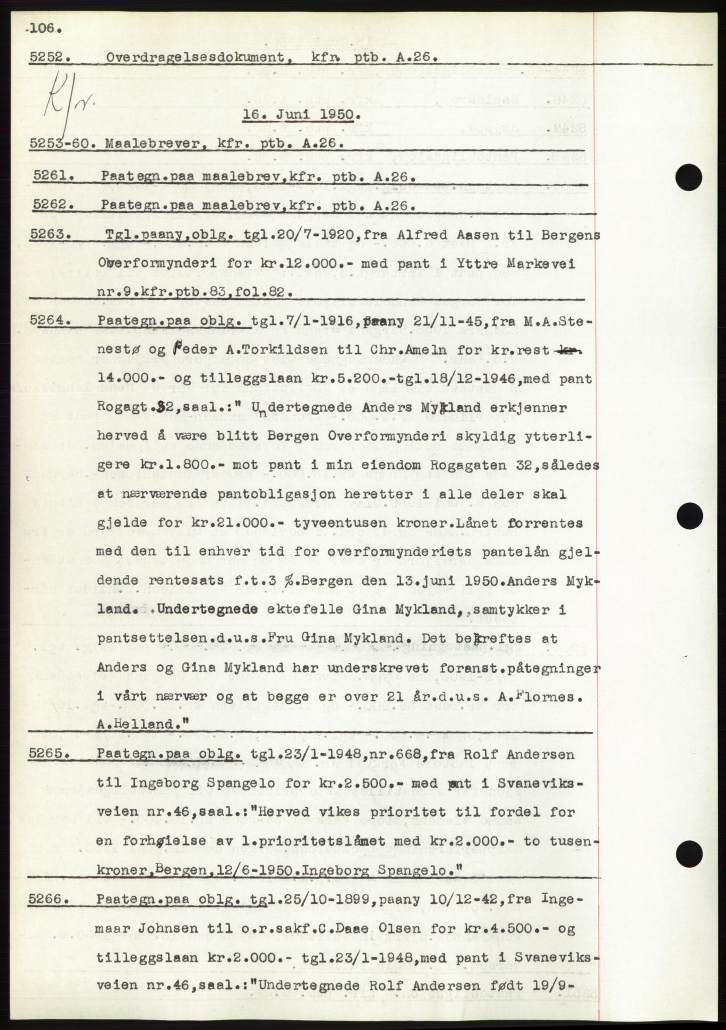 Byfogd og Byskriver i Bergen, SAB/A-3401/03: Pantebok nr. C 39, 1950-1950, Dagboknr: 5252/1950