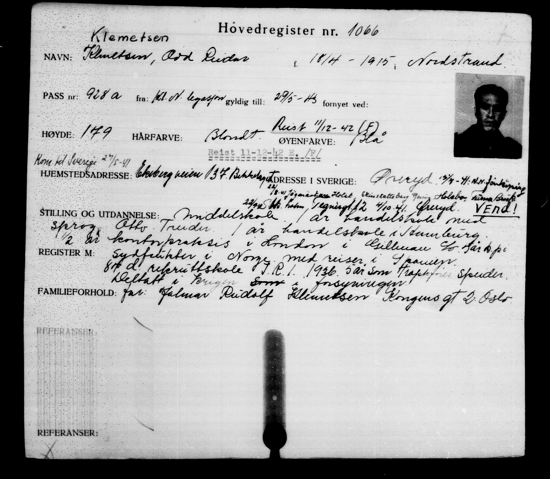 Utenriksstasjonene, Legasjonen i Stockholm, Flyktningkontoret, AV/RA-S-6753/V/Va/L0002: Kjesäterkartoteket, flyktninger med registreringsnr. 1001-2000, 1940-1945, s. 113