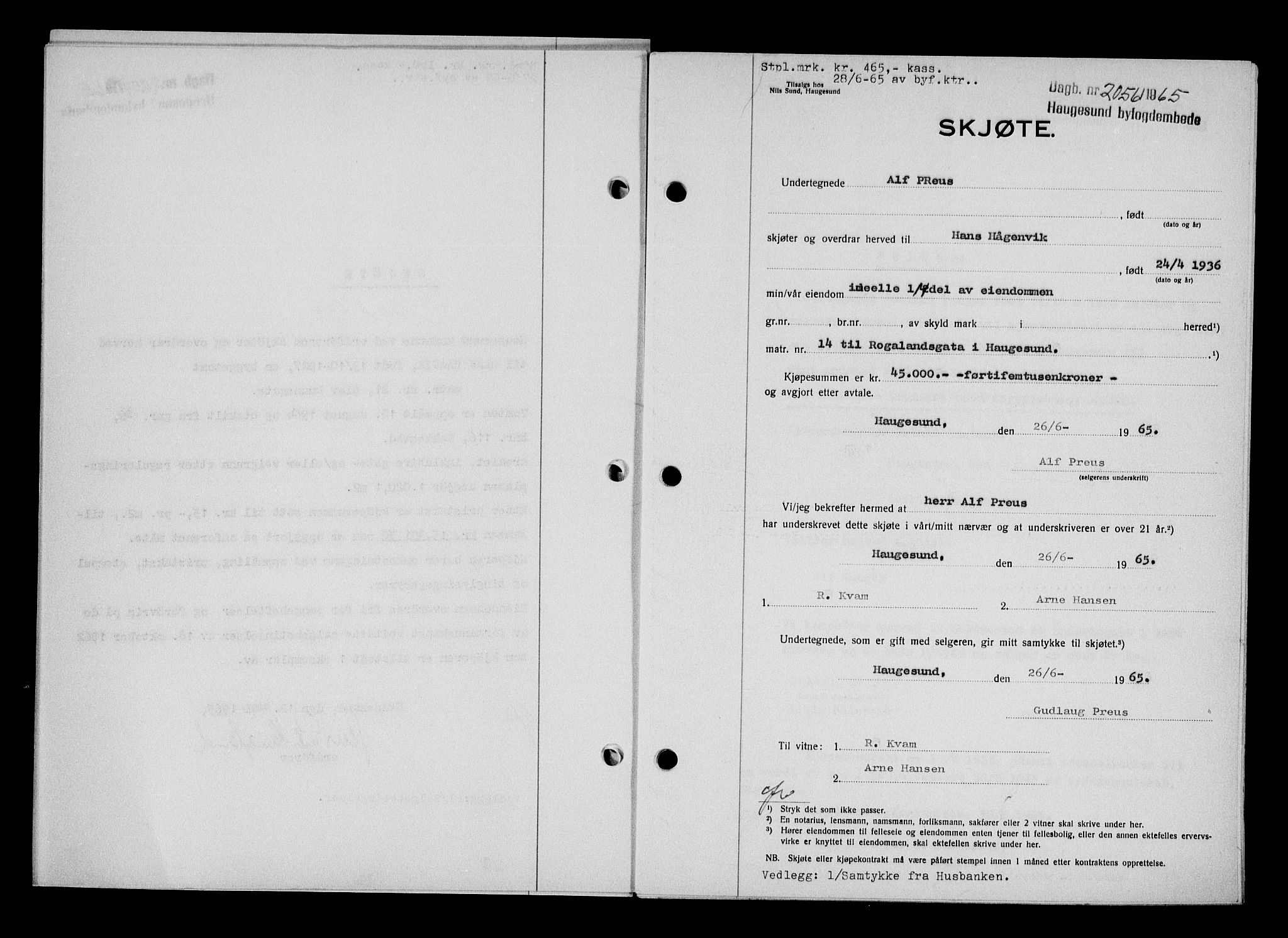 Haugesund tingrett, AV/SAST-A-101415/01/II/IIC/L0076: Pantebok nr. A 17, 1965-1966, Dagboknr: 2056/1965