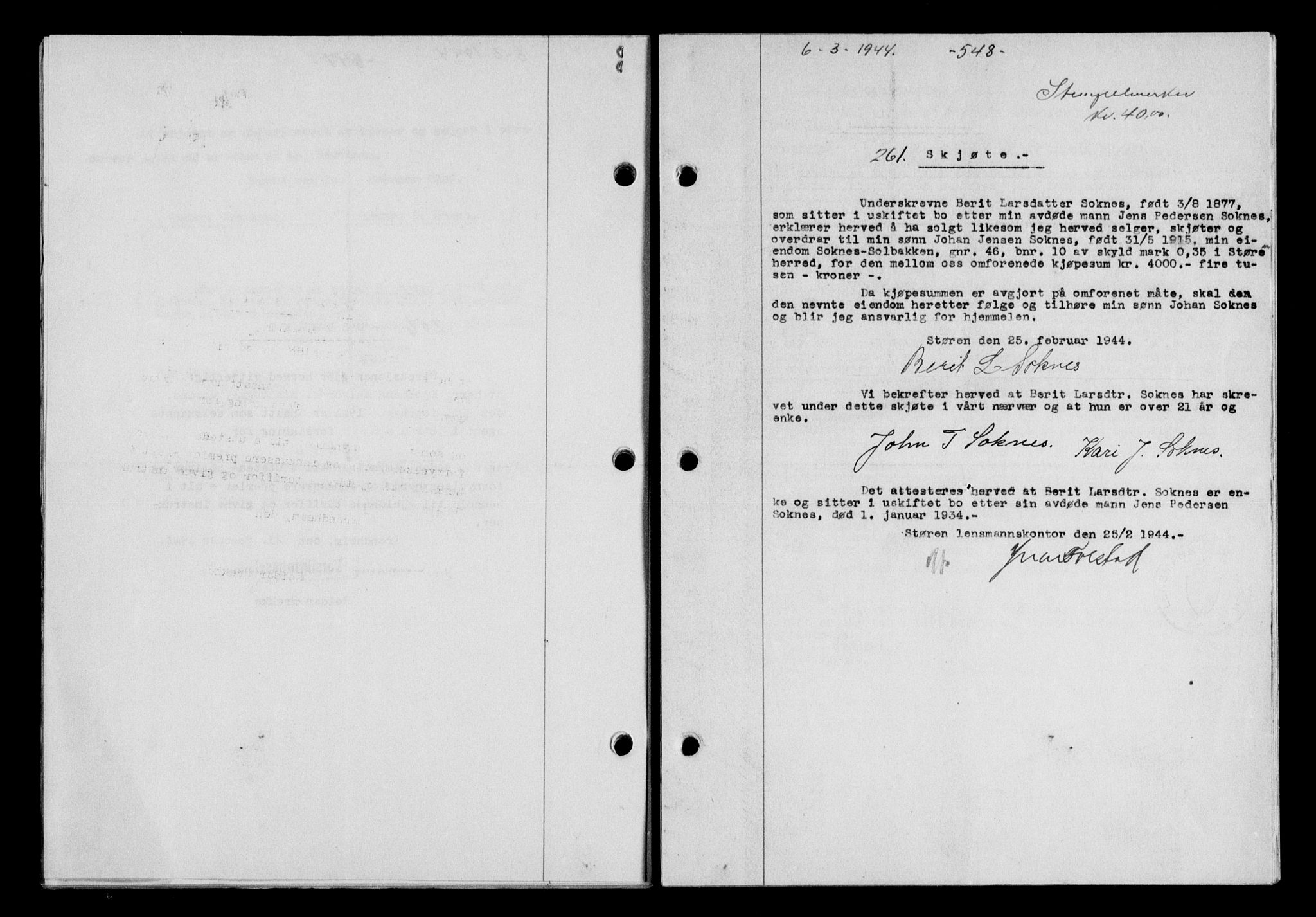 Gauldal sorenskriveri, SAT/A-0014/1/2/2C/L0057: Pantebok nr. 62, 1943-1944, Dagboknr: 261/1944