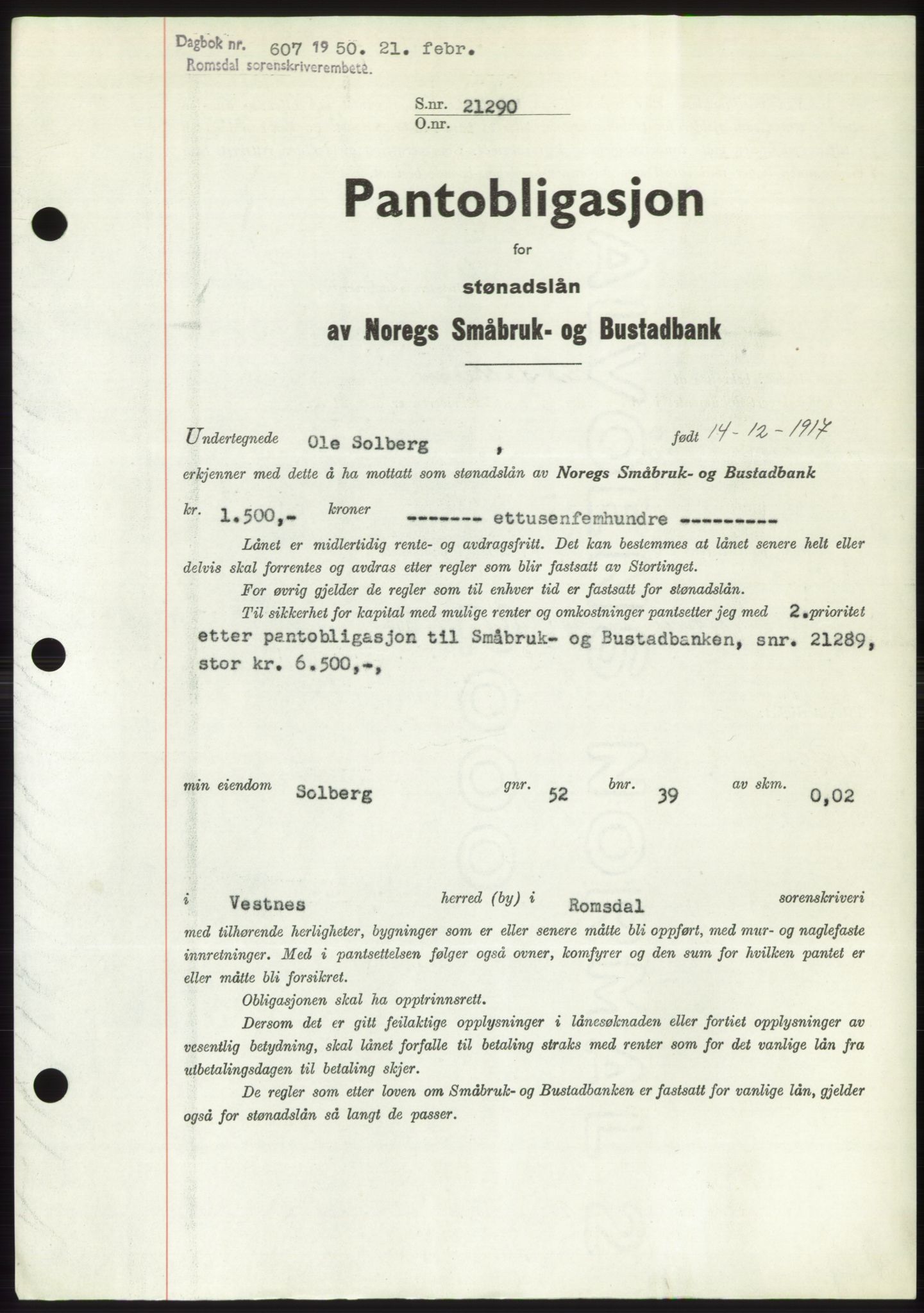 Romsdal sorenskriveri, AV/SAT-A-4149/1/2/2C: Pantebok nr. B5, 1949-1950, Dagboknr: 607/1950