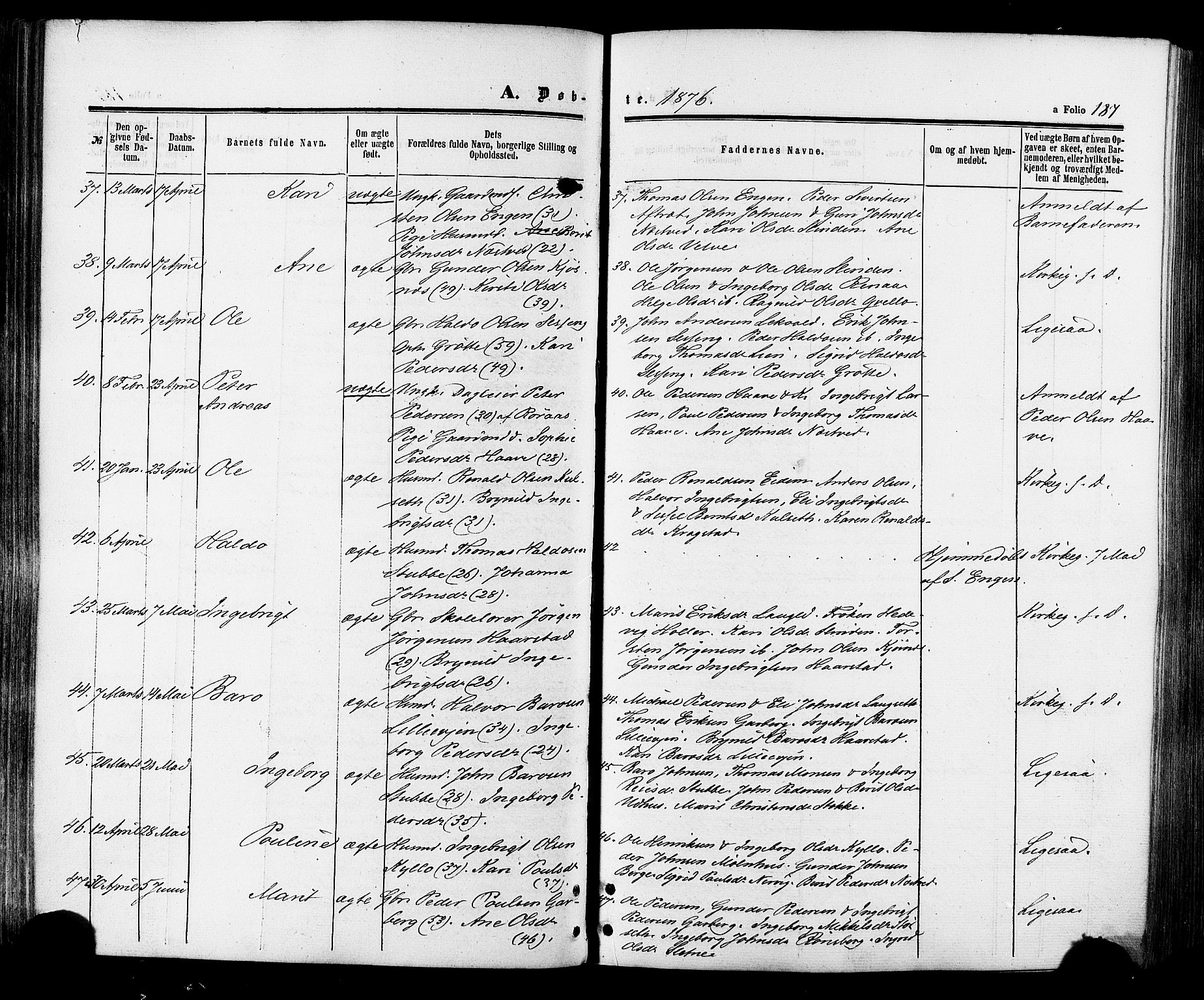 Ministerialprotokoller, klokkerbøker og fødselsregistre - Sør-Trøndelag, SAT/A-1456/695/L1147: Ministerialbok nr. 695A07, 1860-1877, s. 187