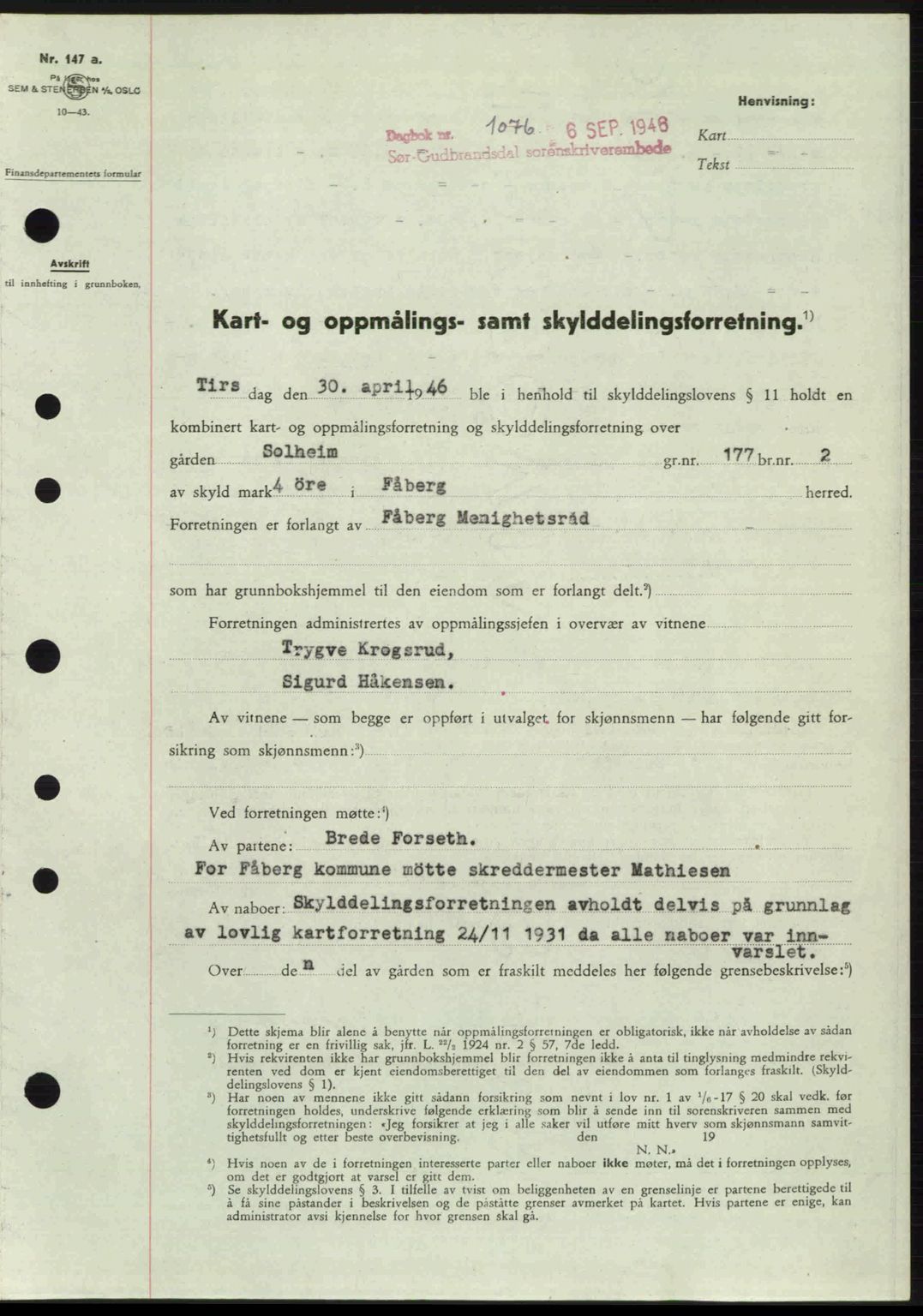 Sør-Gudbrandsdal tingrett, SAH/TING-004/H/Hb/Hbd/L0016: Pantebok nr. A16, 1946-1946, Dagboknr: 1076/1946