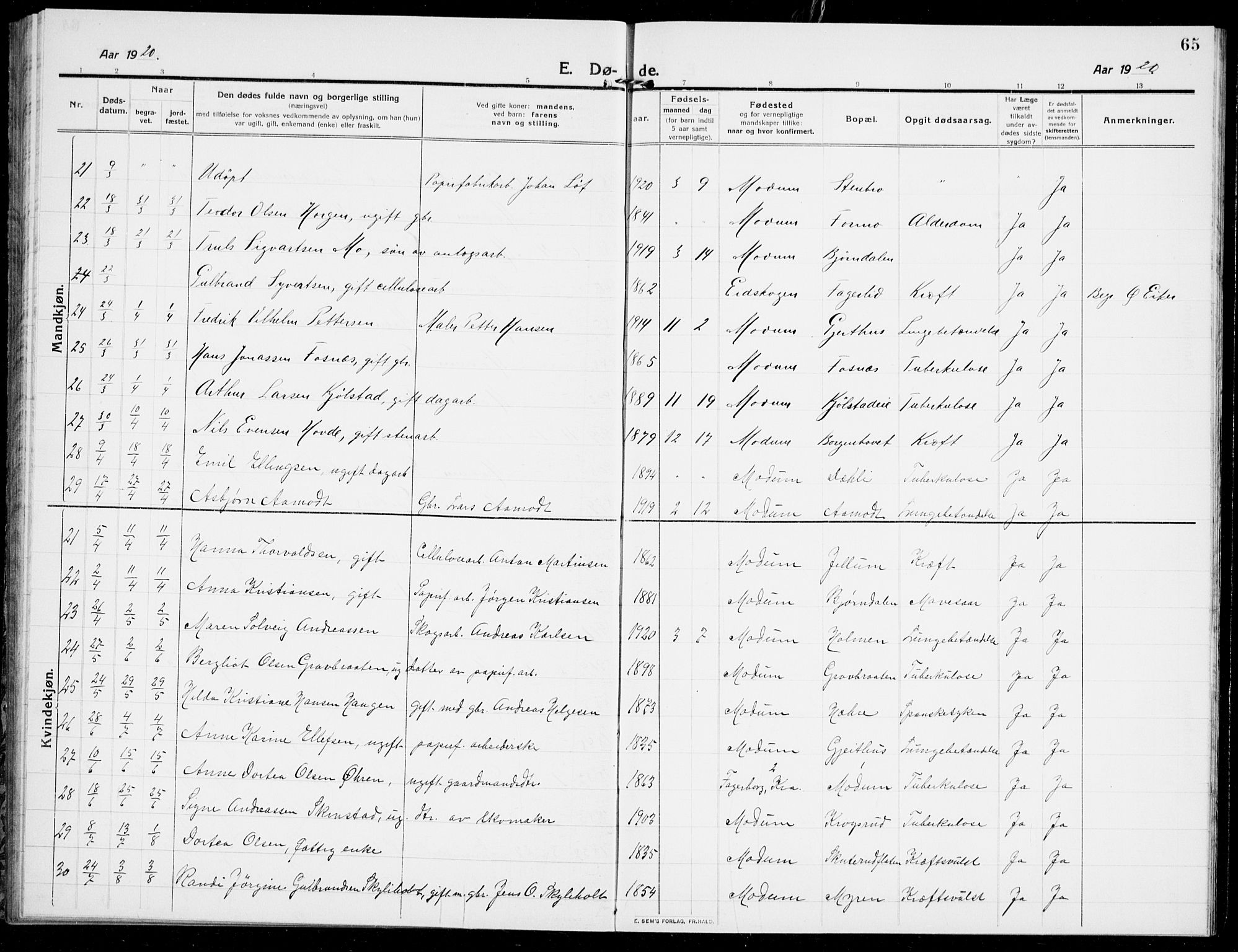 Modum kirkebøker, AV/SAKO-A-234/G/Ga/L0011: Klokkerbok nr. I 11, 1910-1925, s. 65