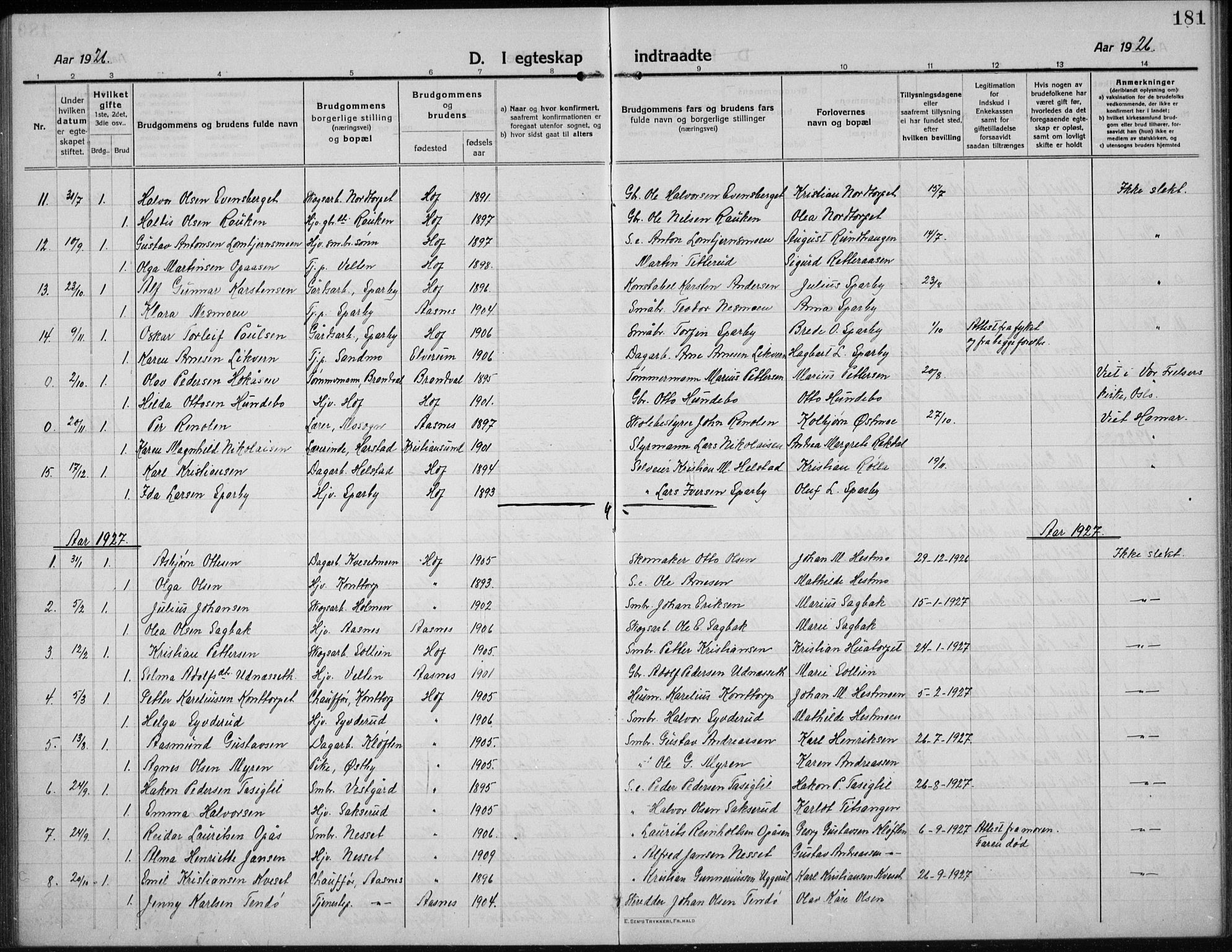 Hof prestekontor, AV/SAH-PREST-038/H/Ha/Hab/L0002: Klokkerbok nr. 2, 1915-1934, s. 181