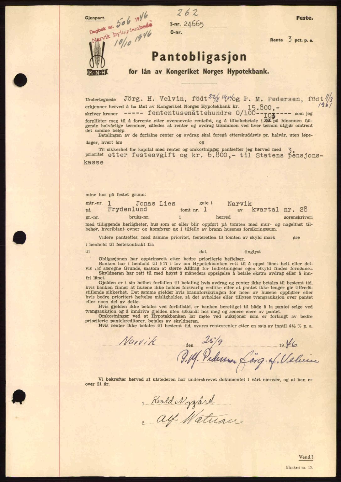 Narvik sorenskriveri, SAT/A-0002/1/2/2C/2Ca: Pantebok nr. A21, 1946-1947, Dagboknr: 506/1946