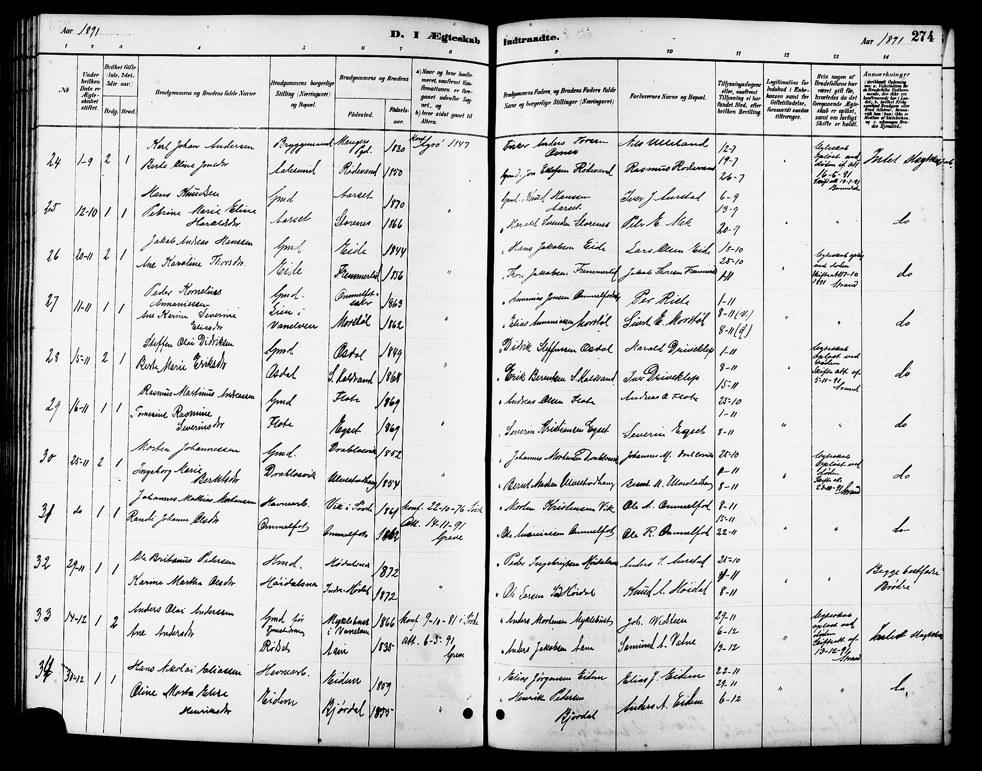 Ministerialprotokoller, klokkerbøker og fødselsregistre - Møre og Romsdal, SAT/A-1454/511/L0158: Klokkerbok nr. 511C04, 1884-1903, s. 274