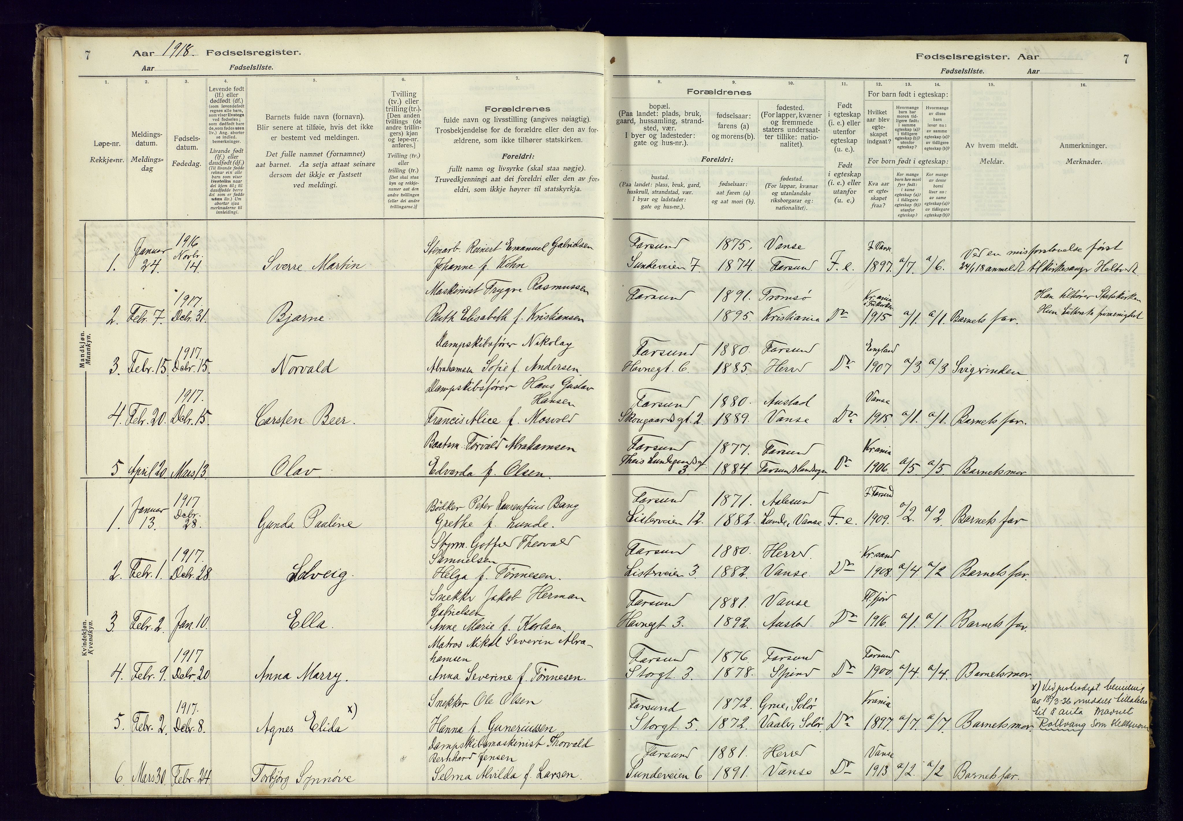 Farsund sokneprestkontor, SAK/1111-0009/J/Ja/L0001: Fødselsregister nr. A-VI-8, 1916-1950, s. 7