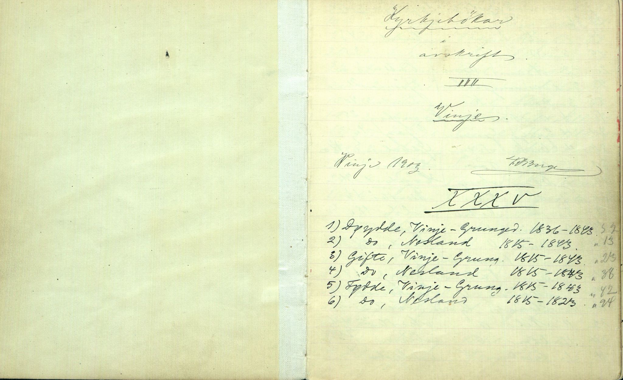 Rikard Berge, TEMU/TGM-A-1003/F/L0002/0005: 031-060 Innholdslister / 35 Kyrkjebøker i avskrift III Vinje 1815-1843, 1903, s. 1