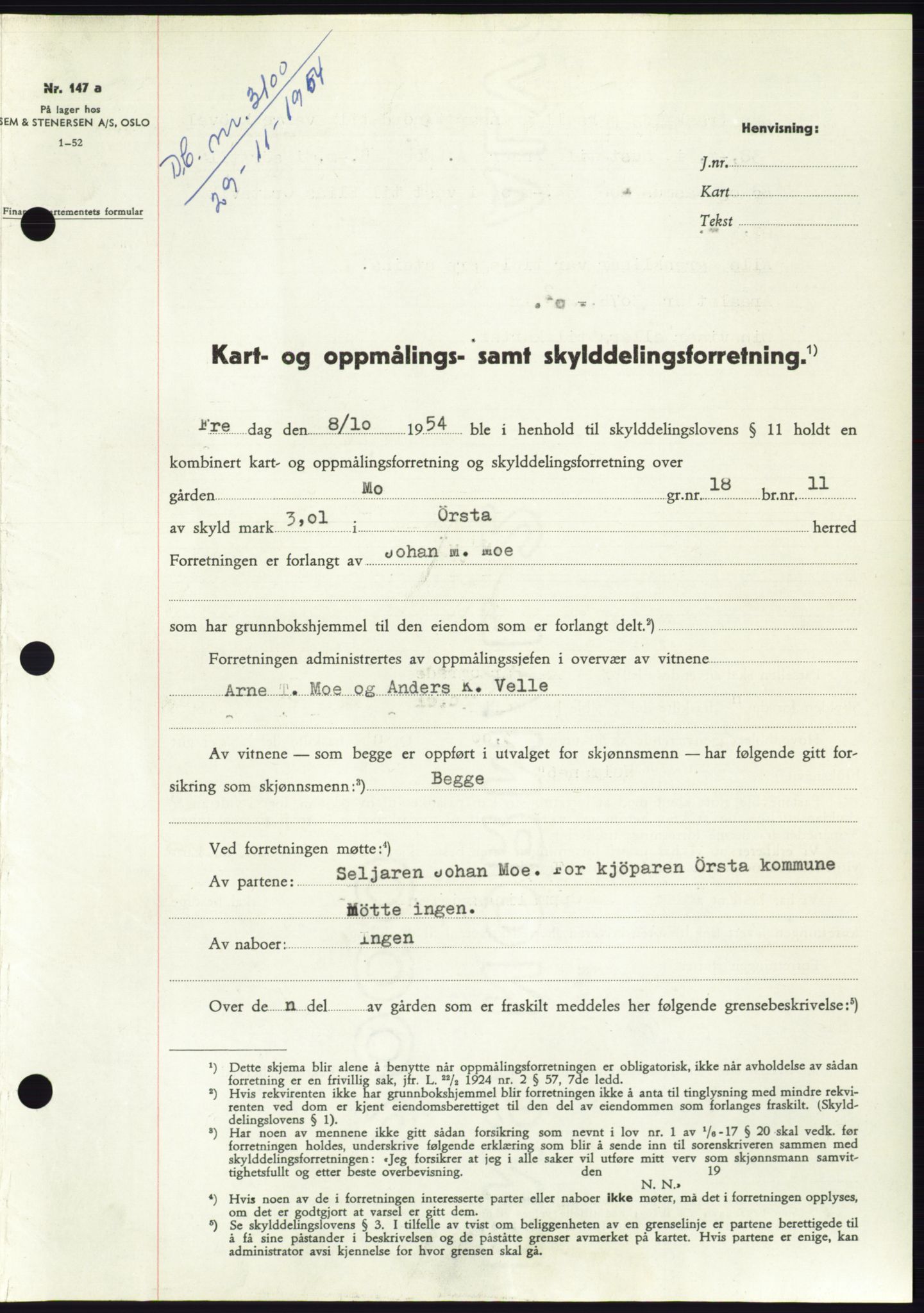 Søre Sunnmøre sorenskriveri, AV/SAT-A-4122/1/2/2C/L0099: Pantebok nr. 25A, 1954-1954, Dagboknr: 3100/1954