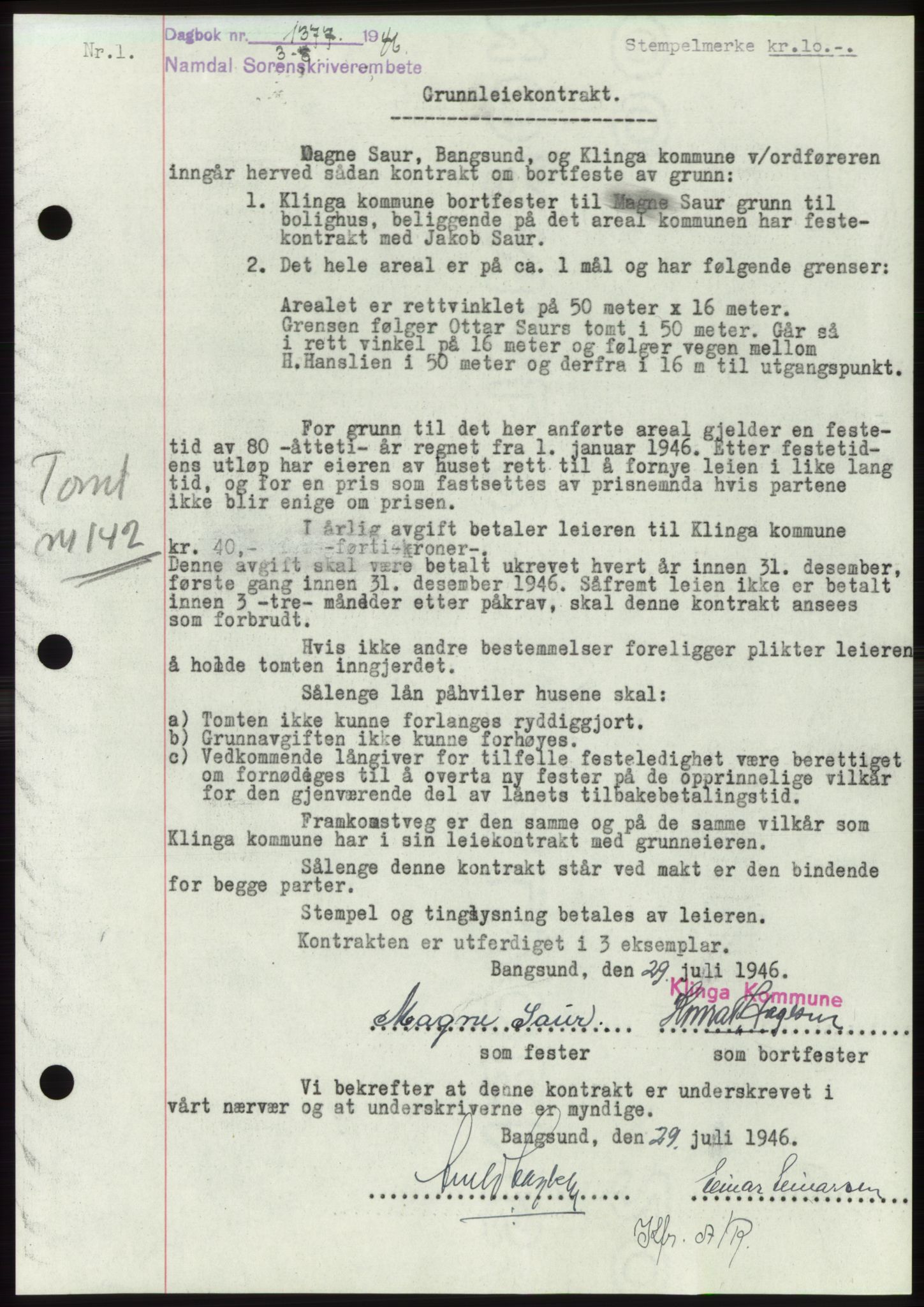 Namdal sorenskriveri, SAT/A-4133/1/2/2C: Pantebok nr. -, 1946-1946, Dagboknr: 1377/1946