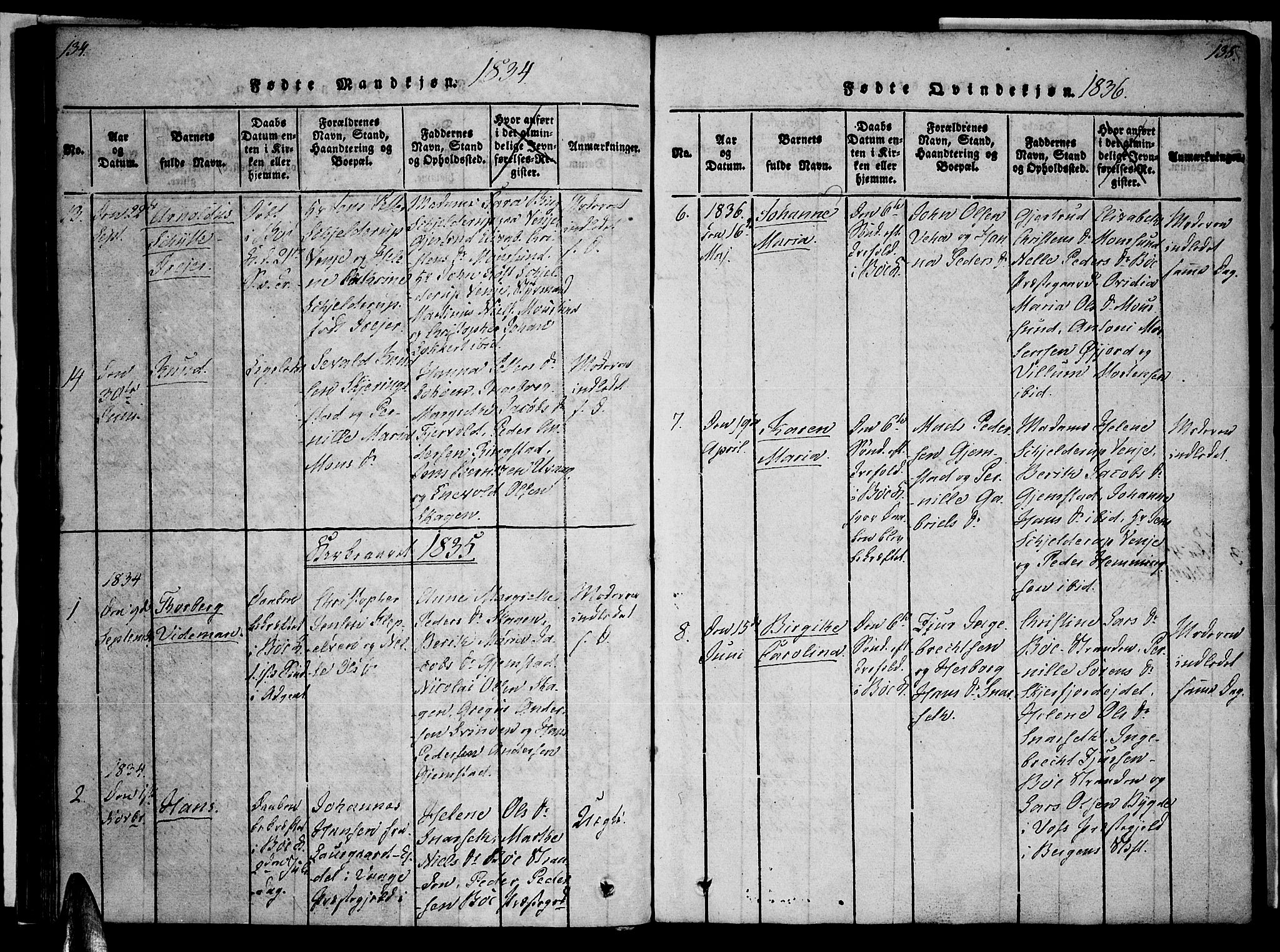 Ministerialprotokoller, klokkerbøker og fødselsregistre - Nordland, AV/SAT-A-1459/891/L1298: Ministerialbok nr. 891A03, 1820-1840, s. 134-135