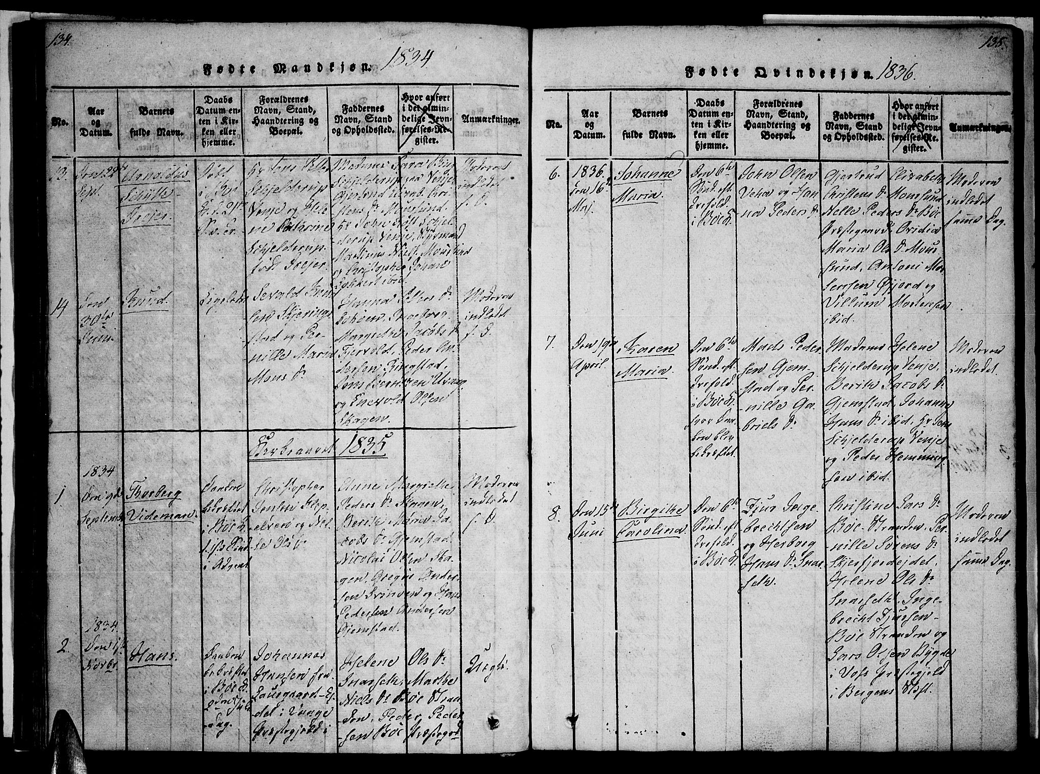 Ministerialprotokoller, klokkerbøker og fødselsregistre - Nordland, SAT/A-1459/891/L1298: Ministerialbok nr. 891A03, 1820-1840, s. 134-135