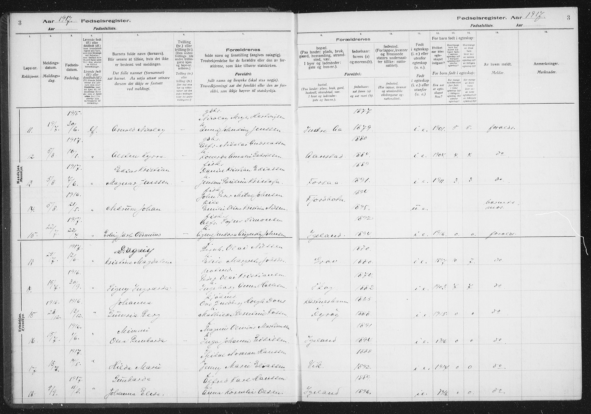 Ibestad sokneprestembete, AV/SATØ-S-0077/I/Ic/L0061: Fødselsregister nr. 61, 1917-1929, s. 3