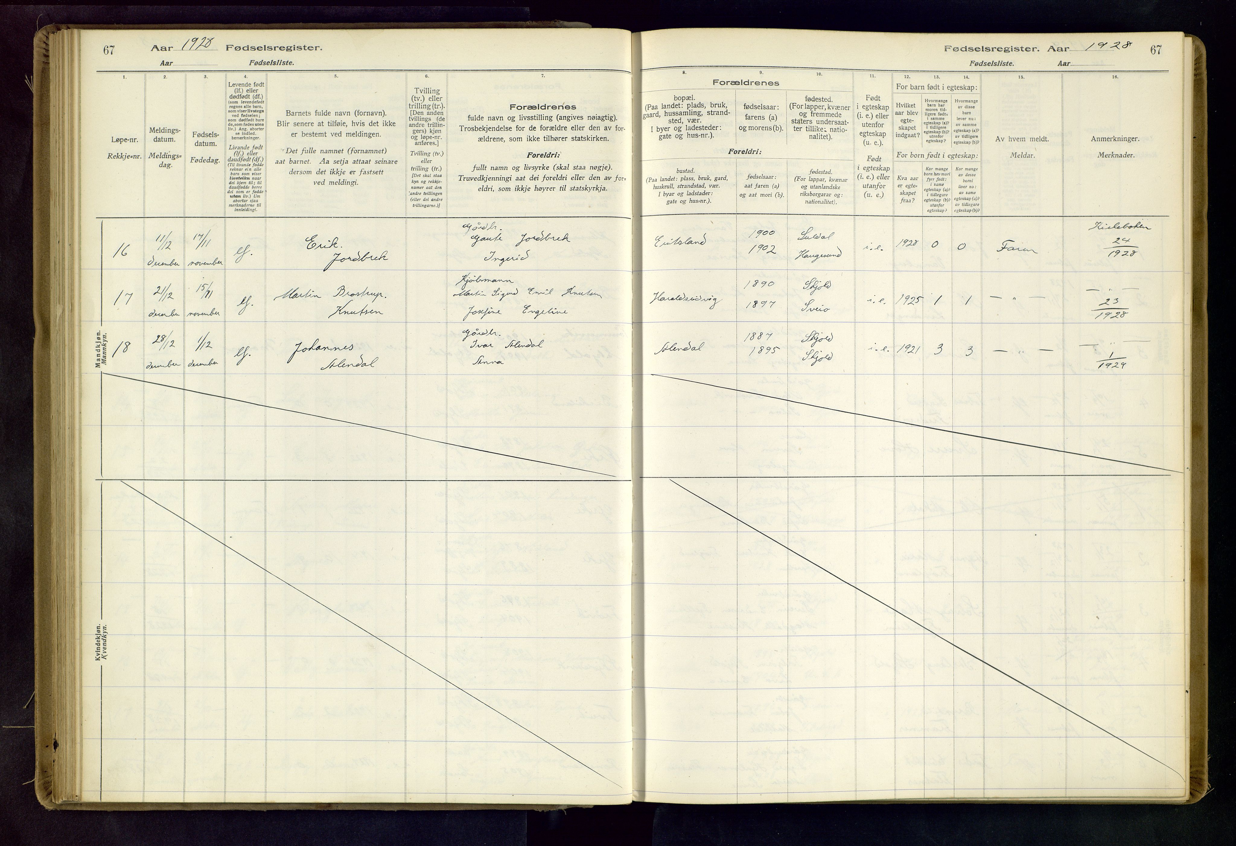 Skjold sokneprestkontor, AV/SAST-A-101847/I/Id/L0001: Fødselsregister nr. 1, 1917-1951, s. 67