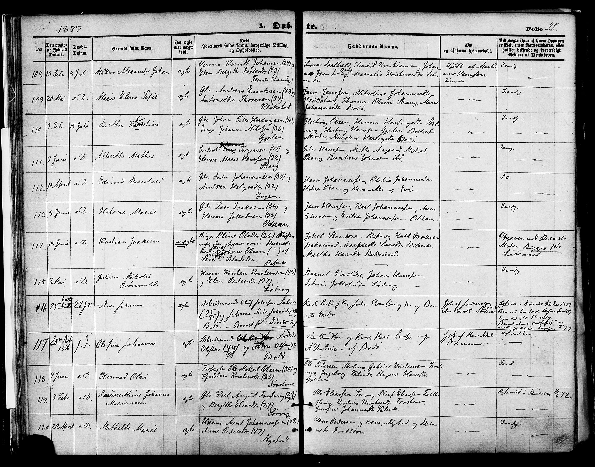 Ministerialprotokoller, klokkerbøker og fødselsregistre - Nordland, AV/SAT-A-1459/801/L0009: Ministerialbok nr. 801A09, 1876-1883, s. 28