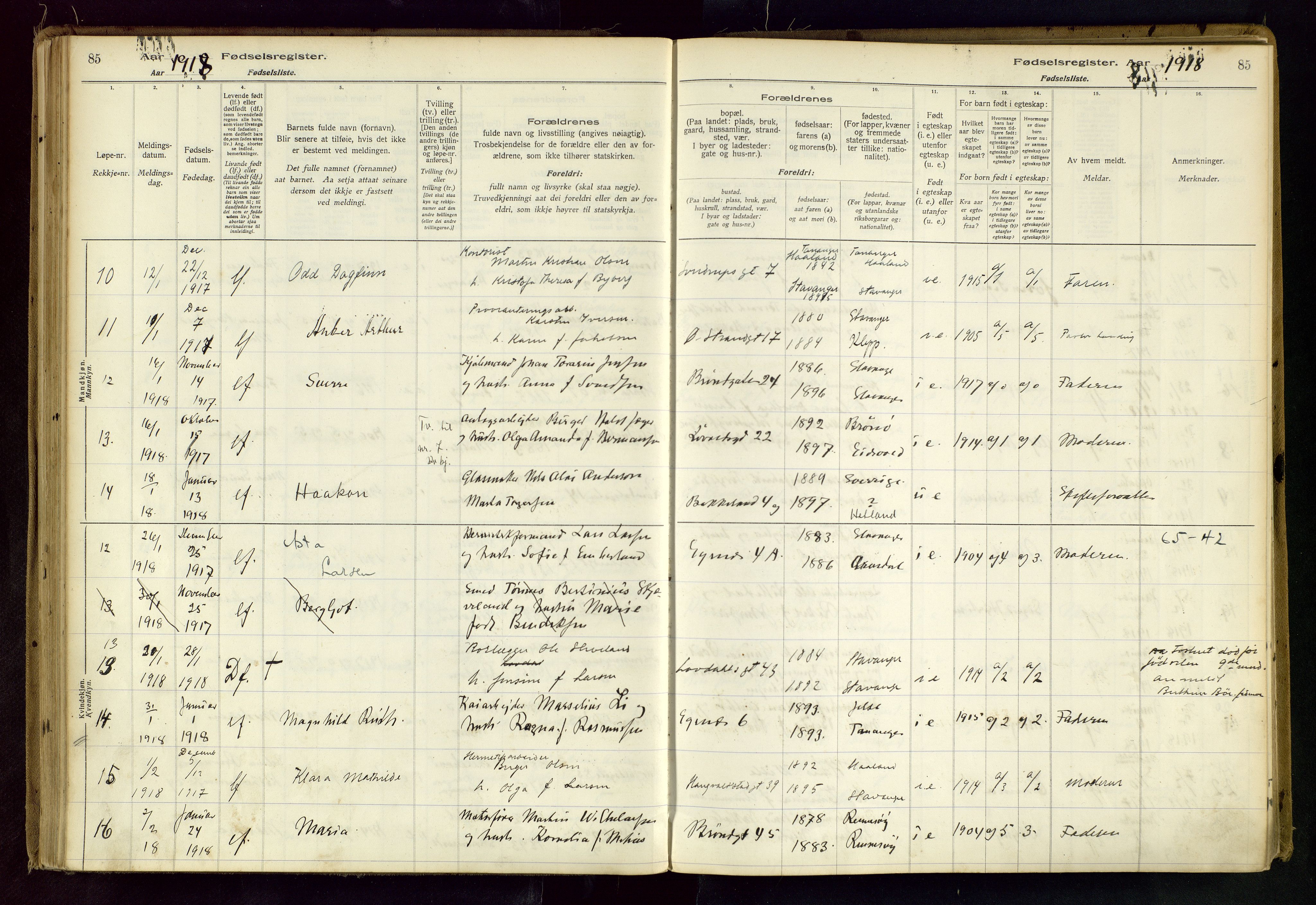 Domkirken sokneprestkontor, AV/SAST-A-101812/002/B/L0001: Fødselsregister nr. 1, 1916-1920, s. 85